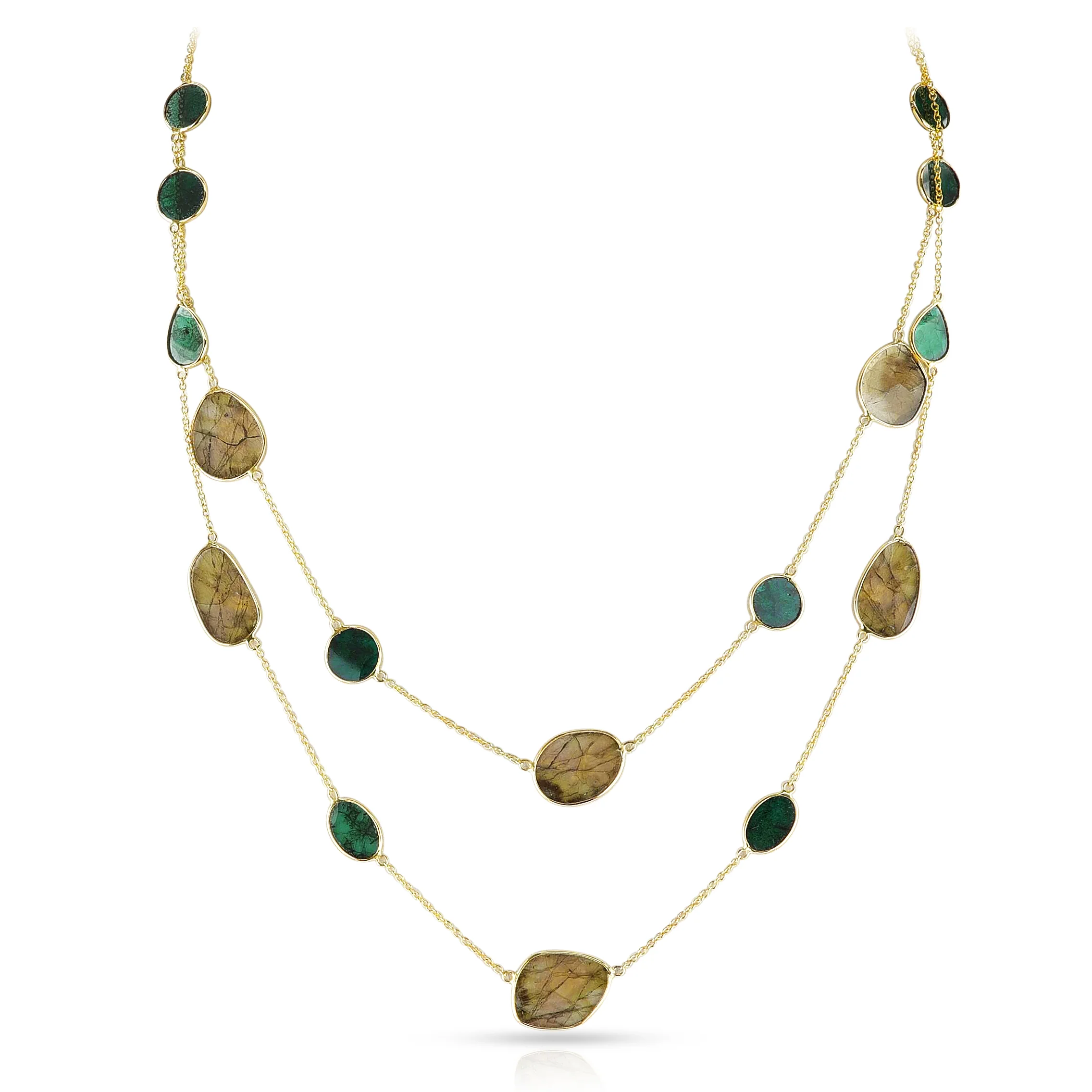 Blue and Brown Diamond Slices Double Line Necklace, 14k