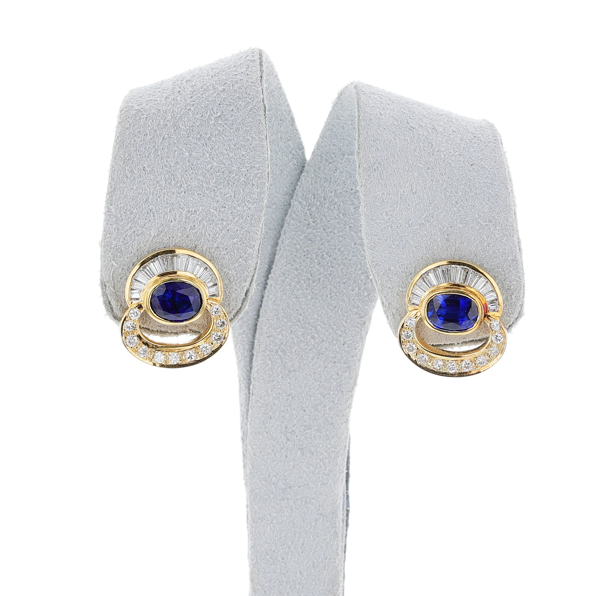 Oval Sapphire with Round and Baguette Diamond Earrings, 18k
