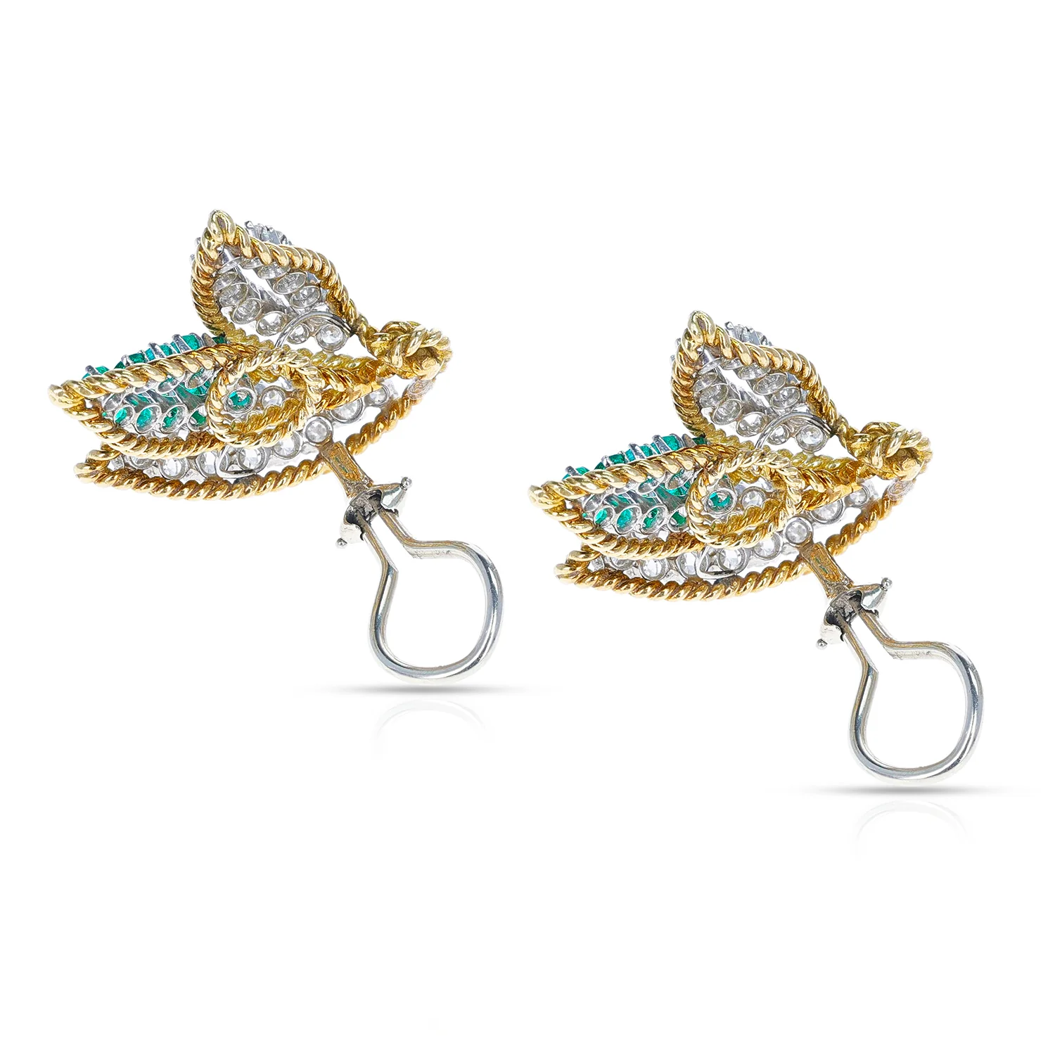 Round Diamonds and Emeralds Three Leaf Design Earrings, 18K and Platinum