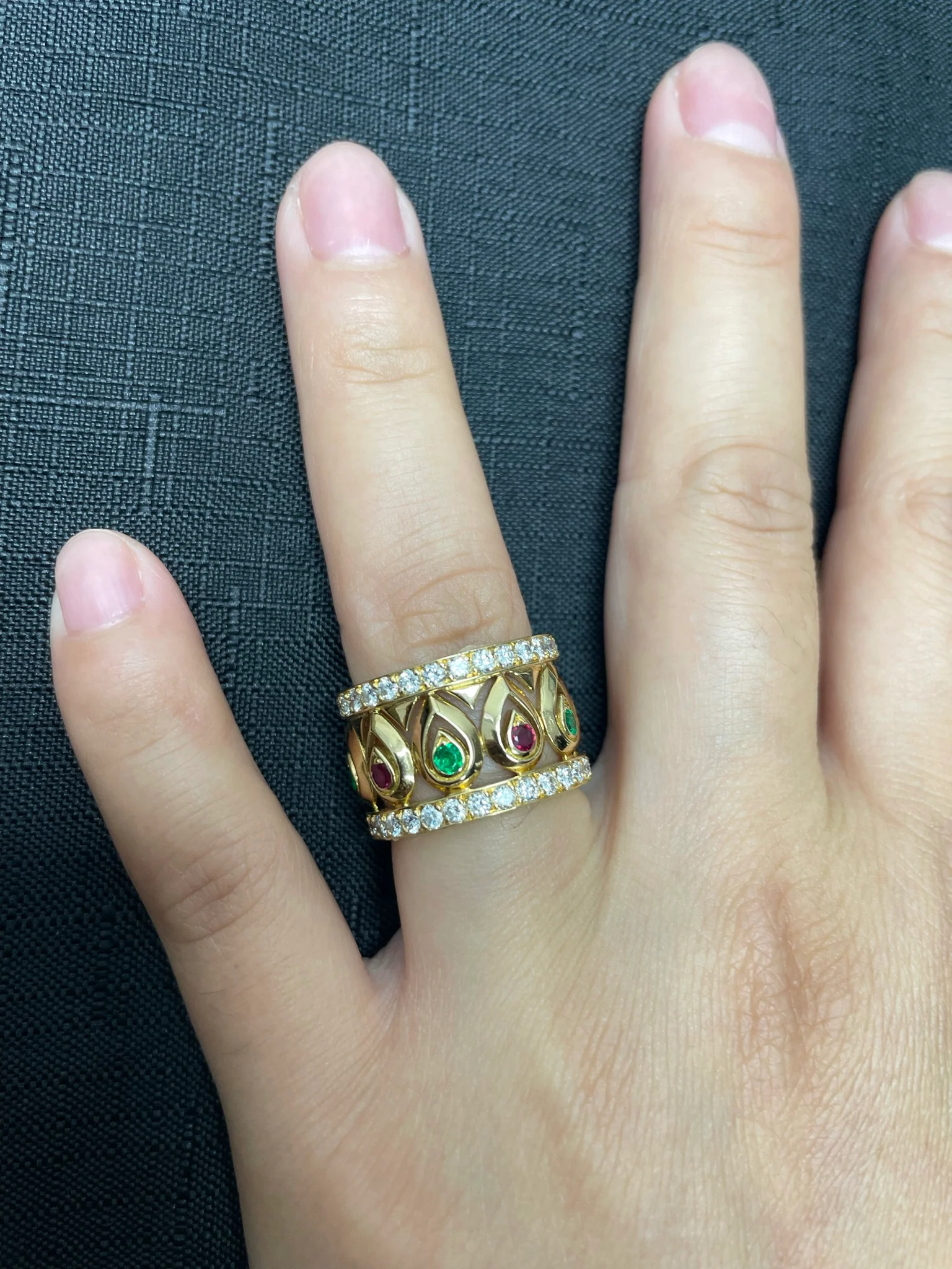 French Cartier Ruby and Emerald with Double Diamond Border Band, 18K with Certificate