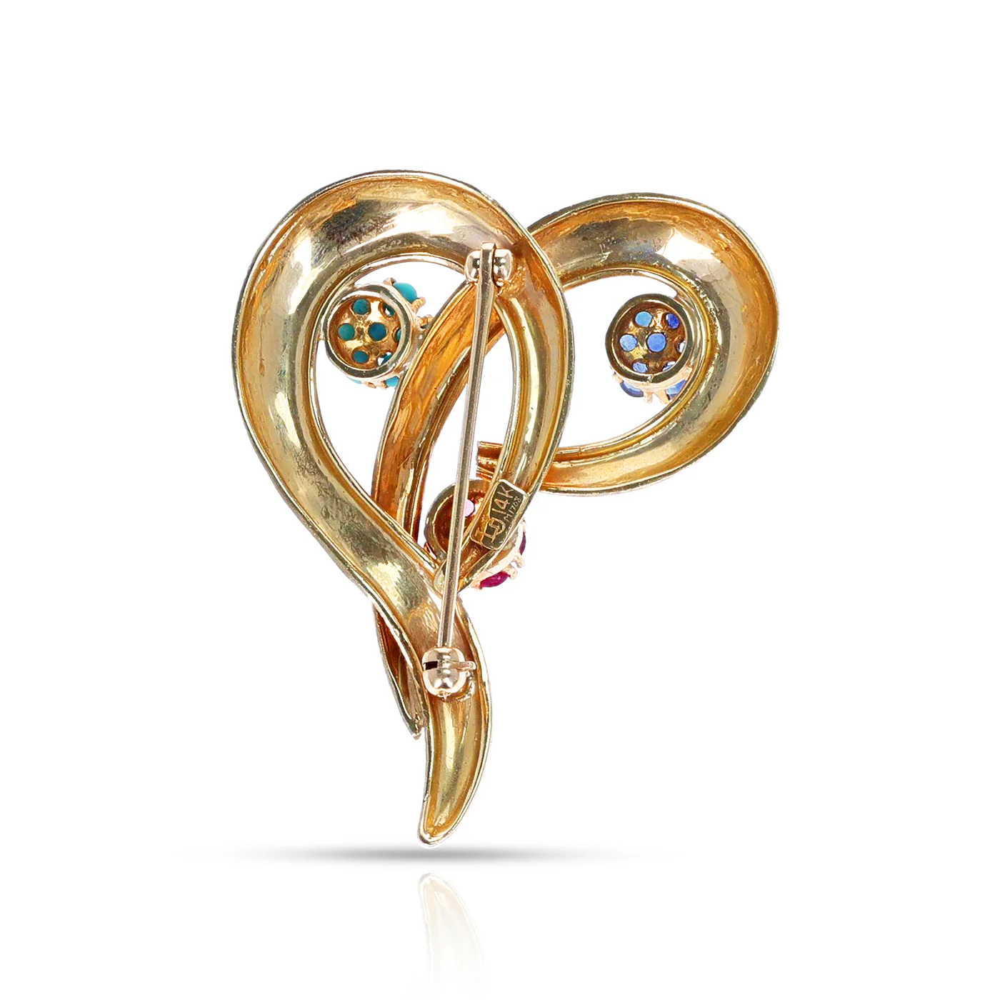 Ruby, Sapphire and Turquoise Heart Brooch, 14k