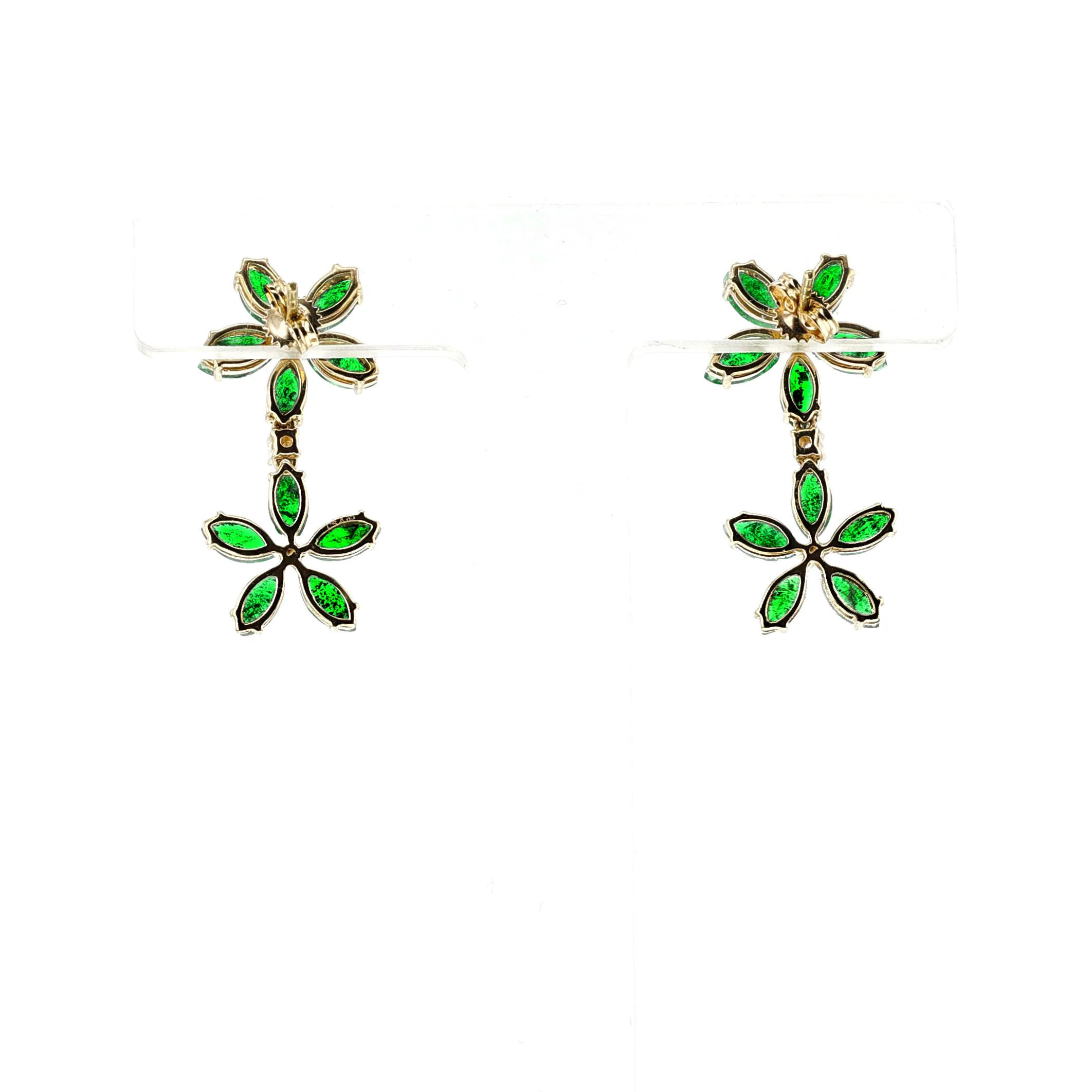 Double Floral Marquise Emerald and Diamond Dangling Earrings, 14K