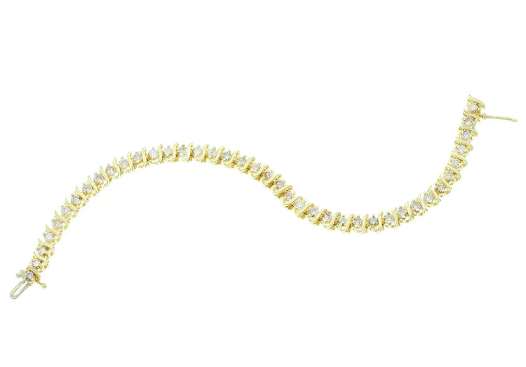 Yellow Gold and Round Cut White Diamond S-Curve Tennis Bracelet