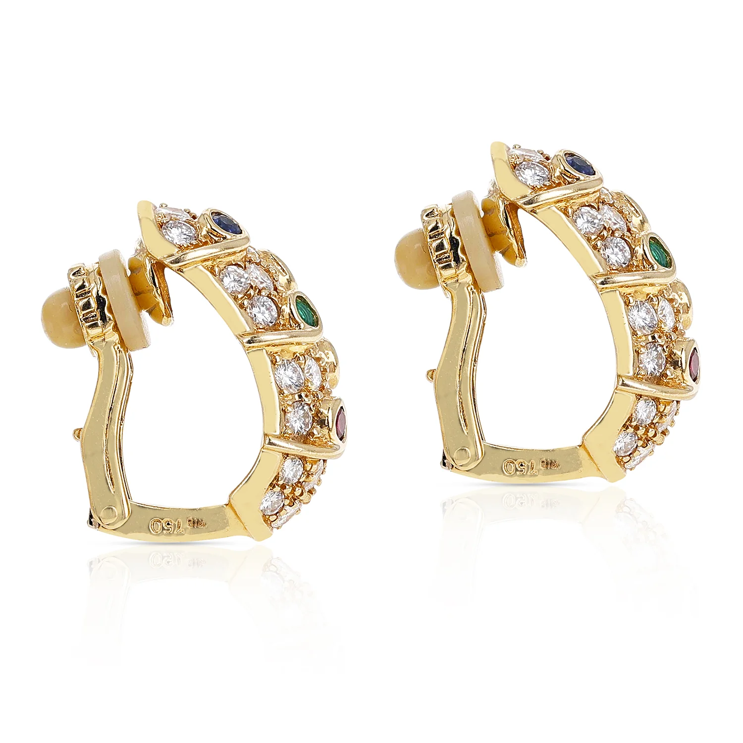 Diamond, Ruby, Emerald, Sapphire Cocktail Clip-on Earrings, 18 Karat Yellow Gold