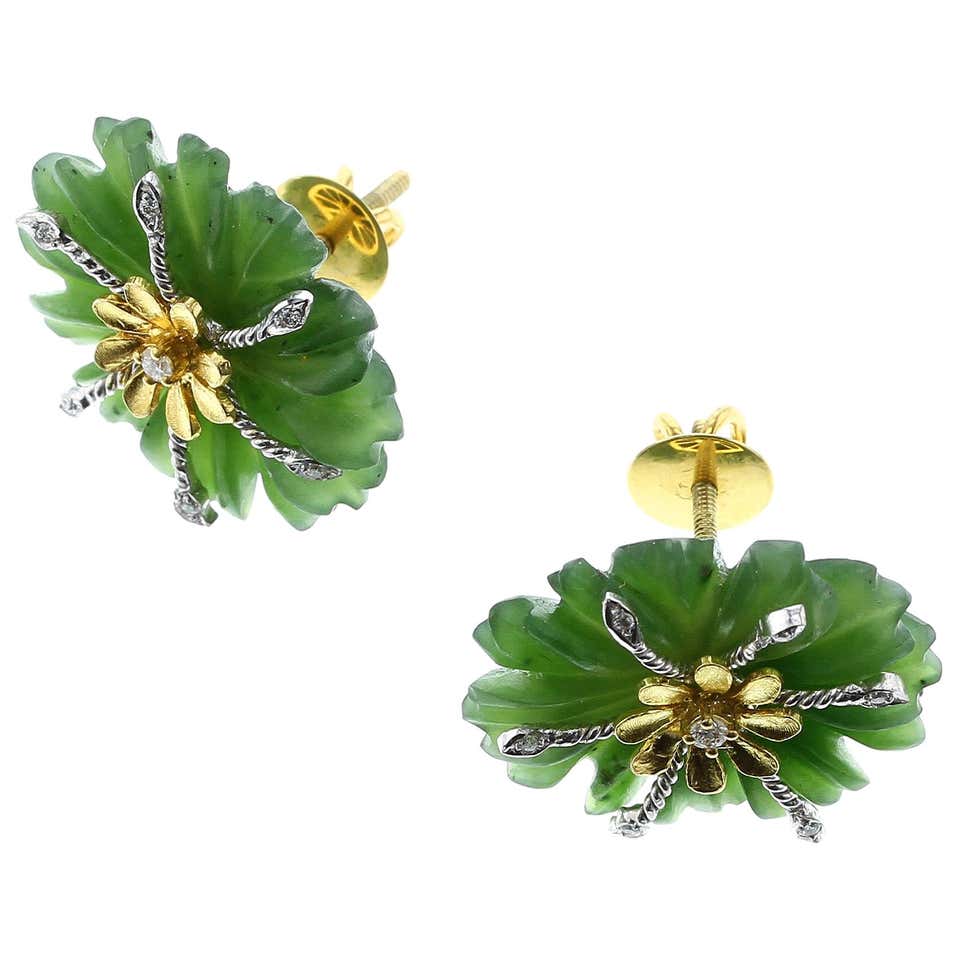 Carved Floral Jade Earrings with Diamonds