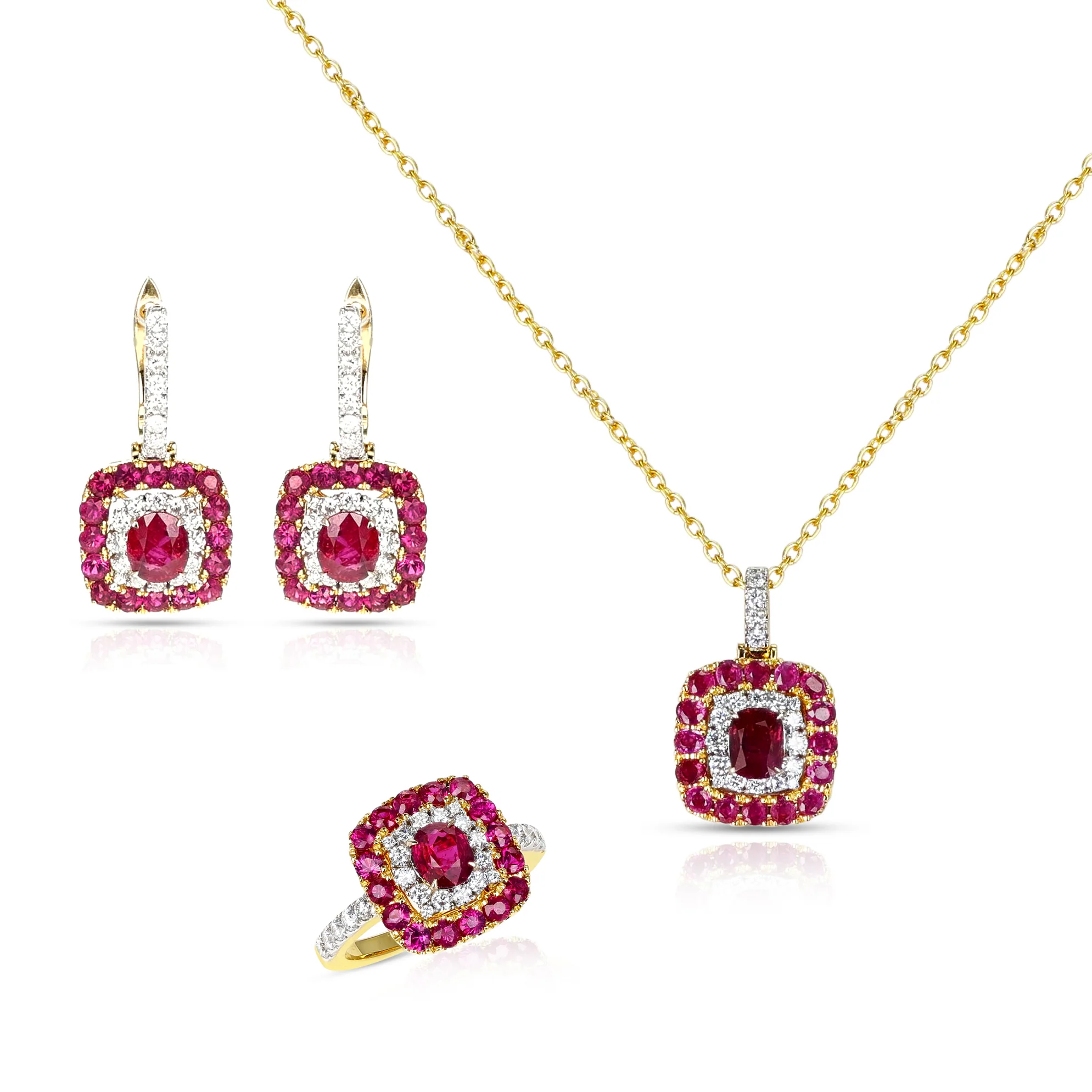 Unheated Burma Ruby Pigeon Blood Set with Ring, Pendant and Earrings, 18k