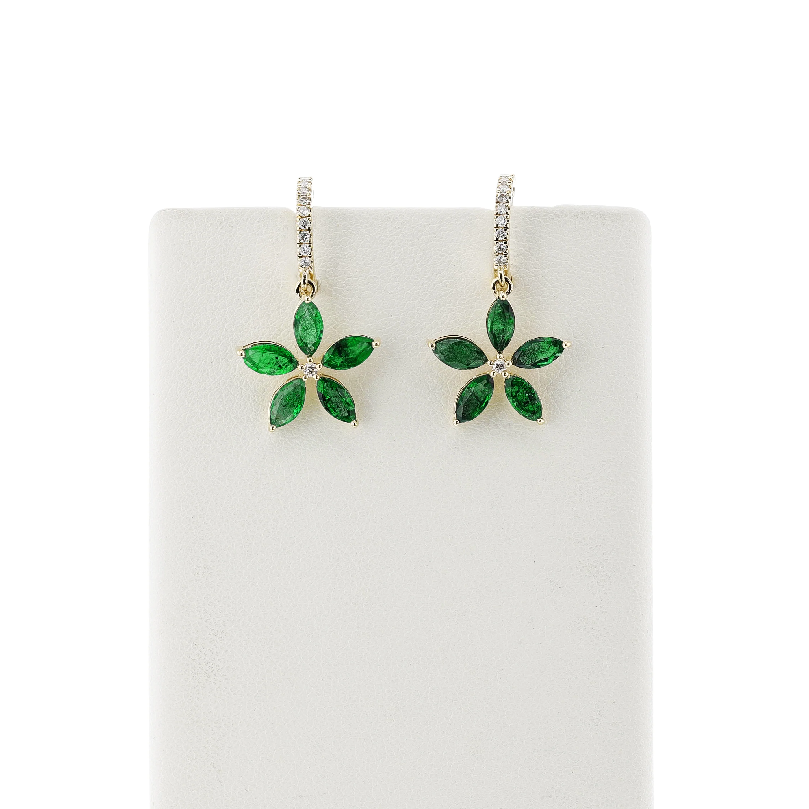 Floral Marquise Emerald and Diamond Dangling Hoop Earrings, 14k White Gold