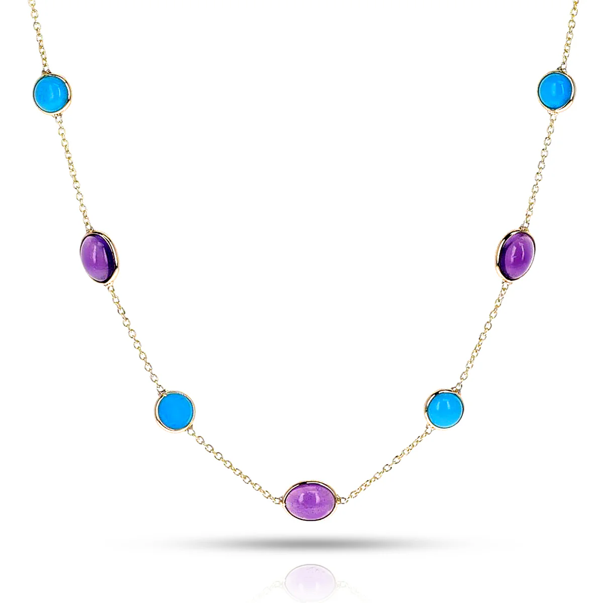 Oval and Round Amethyst and Turquoise Necklace, 18k Yellow Gold