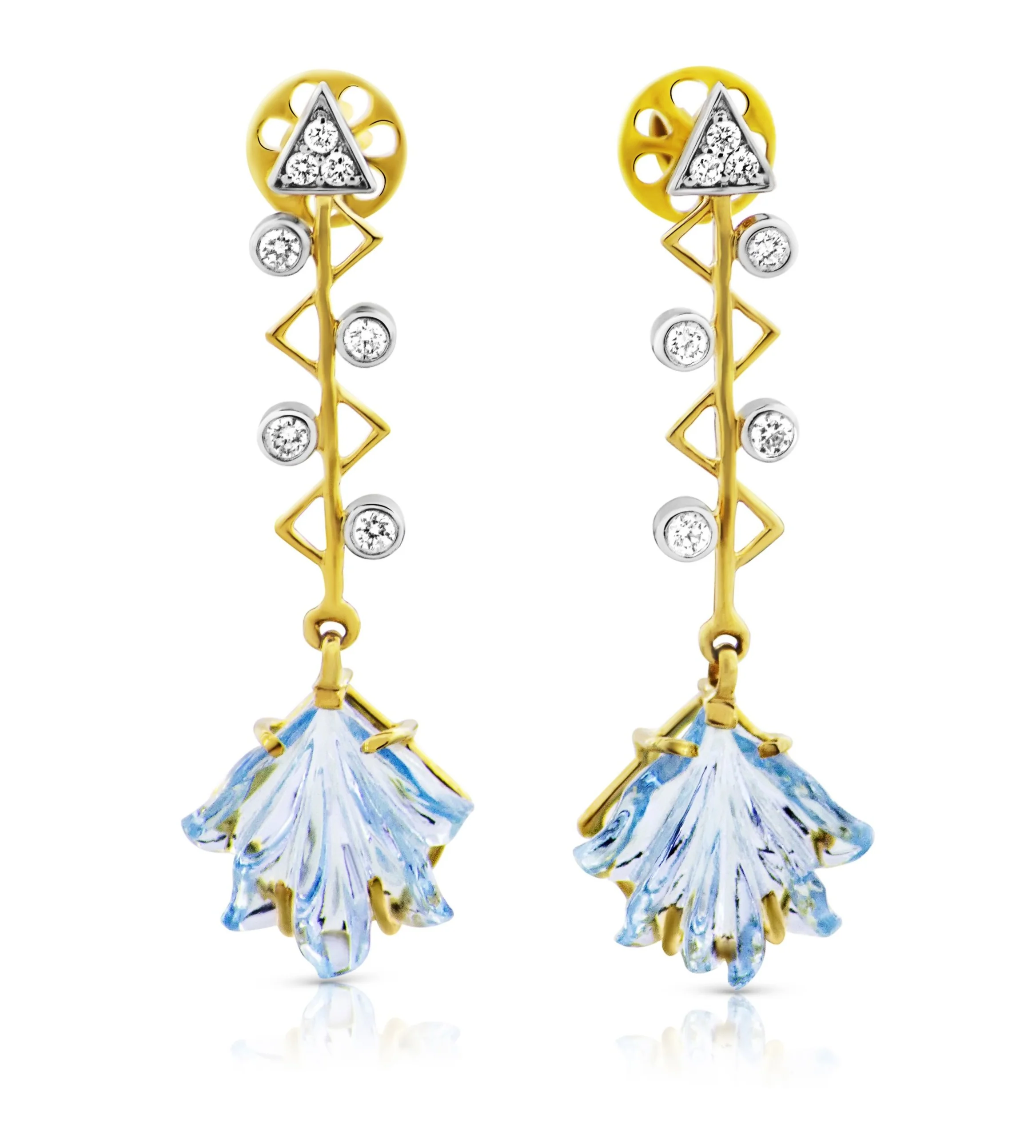 Cupid's Arrow Leaf Carved Blue Topaz Earrings with Diamonds, 14K Yellow Gold