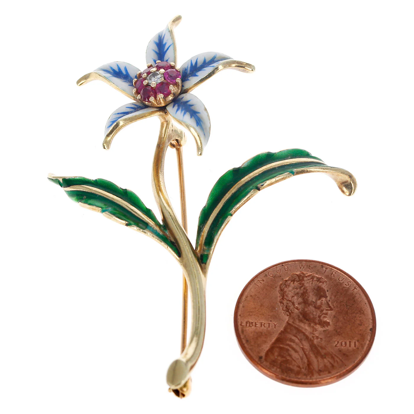 Cartier Floral Pin/Brooch Rubies, Diamonds and Enamel, 18 Karat Yellow Gold