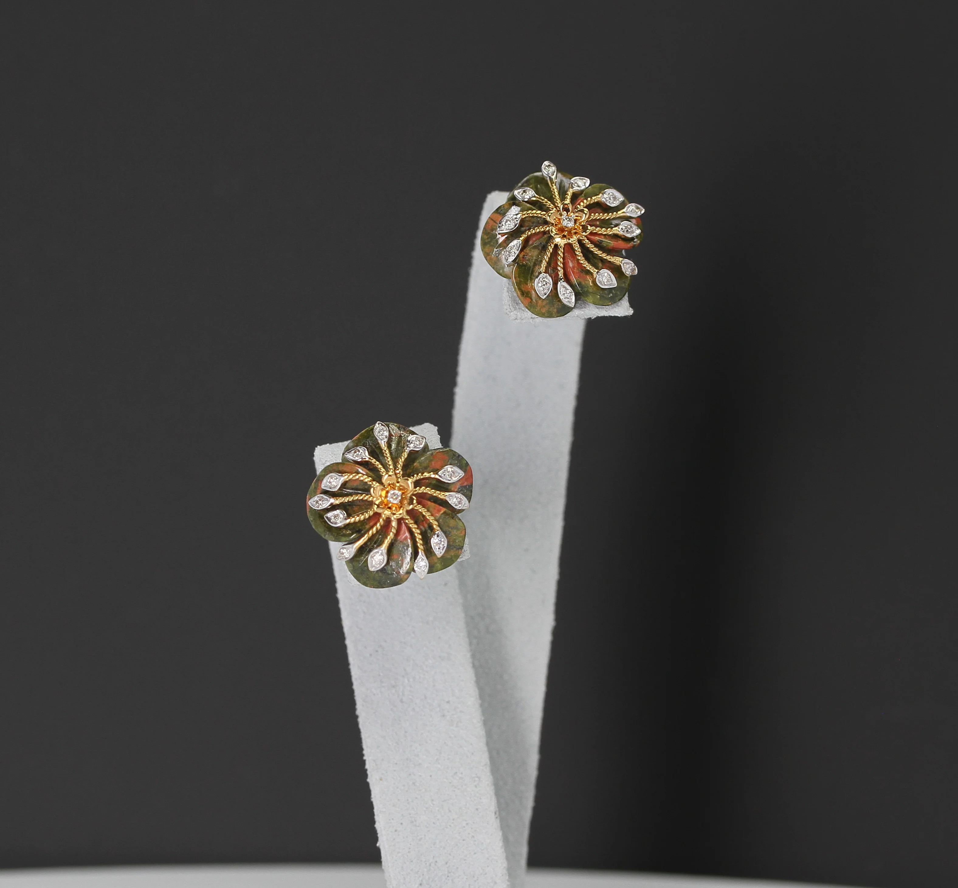 Carved Unakite Green and Orange Tone Earrings with Diamonds, 14K Gold