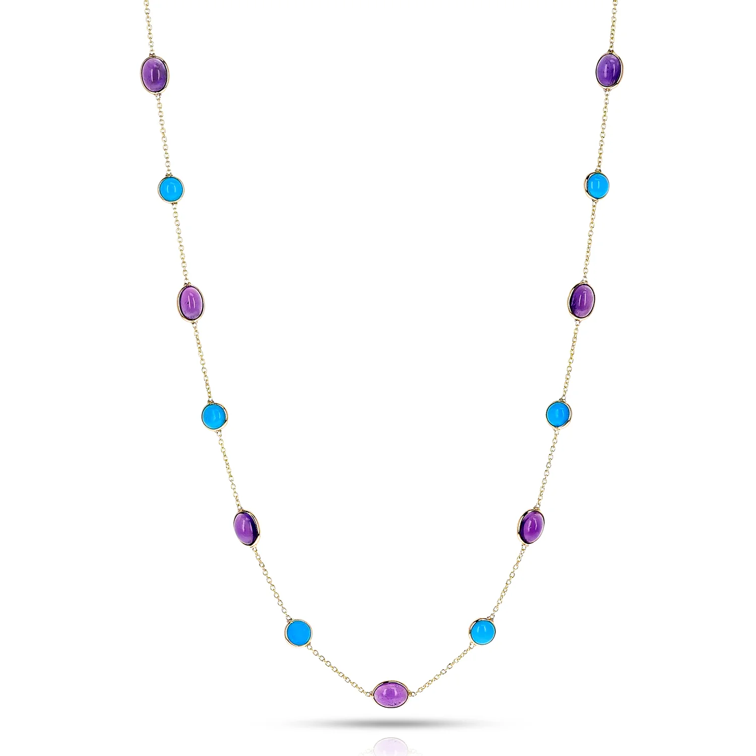 Oval and Round Amethyst and Turquoise Necklace, 18k Yellow Gold