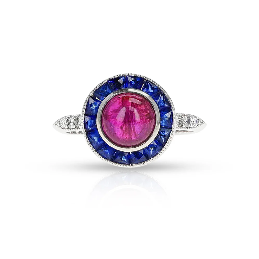 Ruby Cabochon Diamond and Sapphire Ring, Platinum