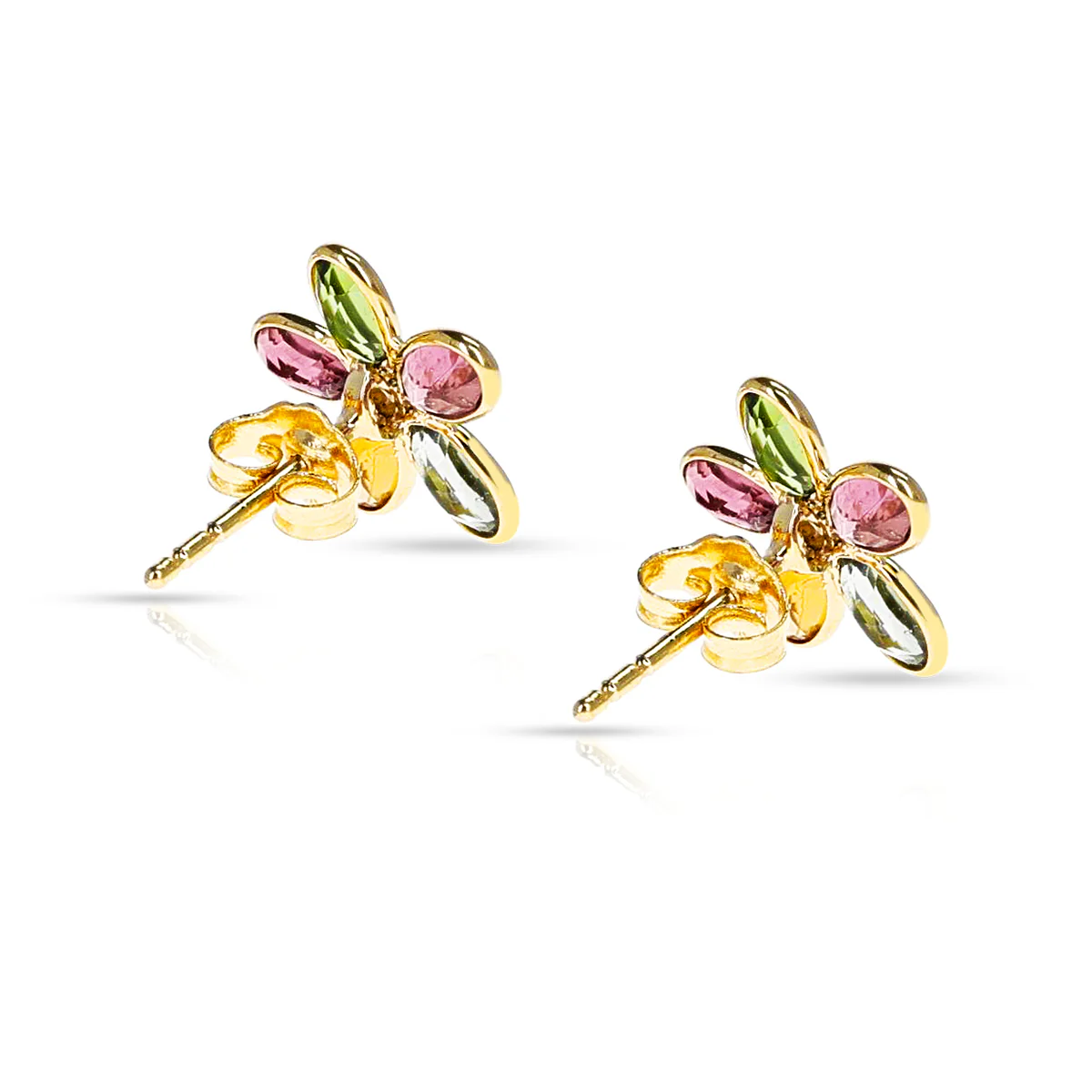Oval Multi-Tourmaline Floral Earrings with Diamonds, 18k Yellow Gold