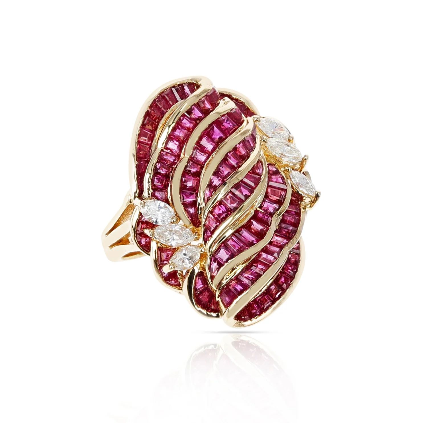 Invisibly Set 8 Row Ruby Flower-Cut Cocktail Ring with Marquise Diamonds, 18K