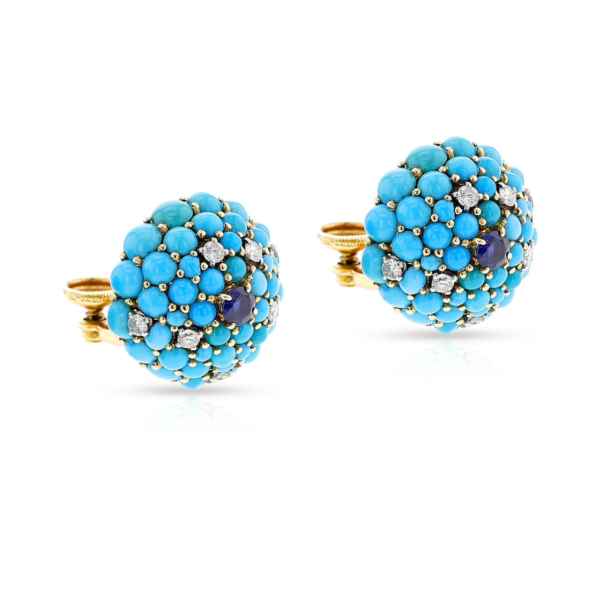 Round Turquoise, Sapphire and Diamond Earrings, 18k Yellow