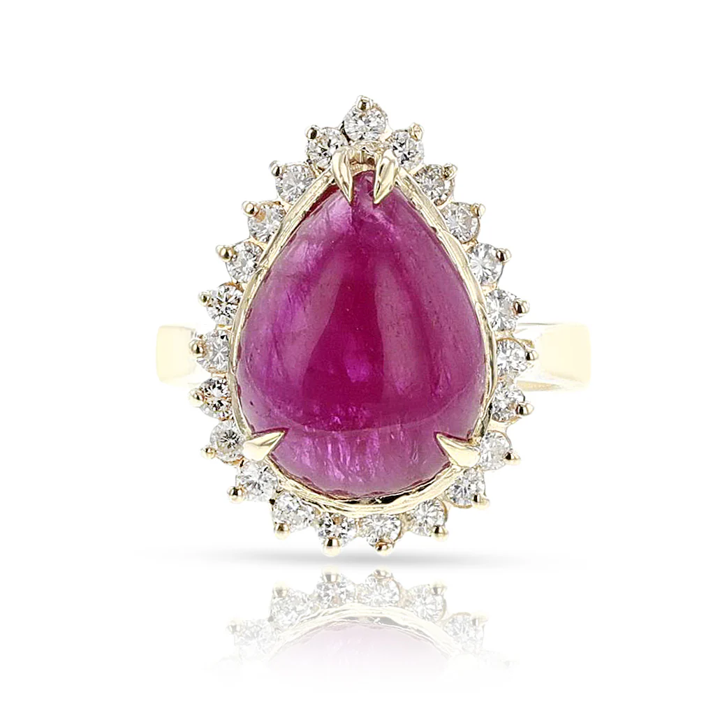 Pear Ruby Cabochon and Diamond Ring, 14k