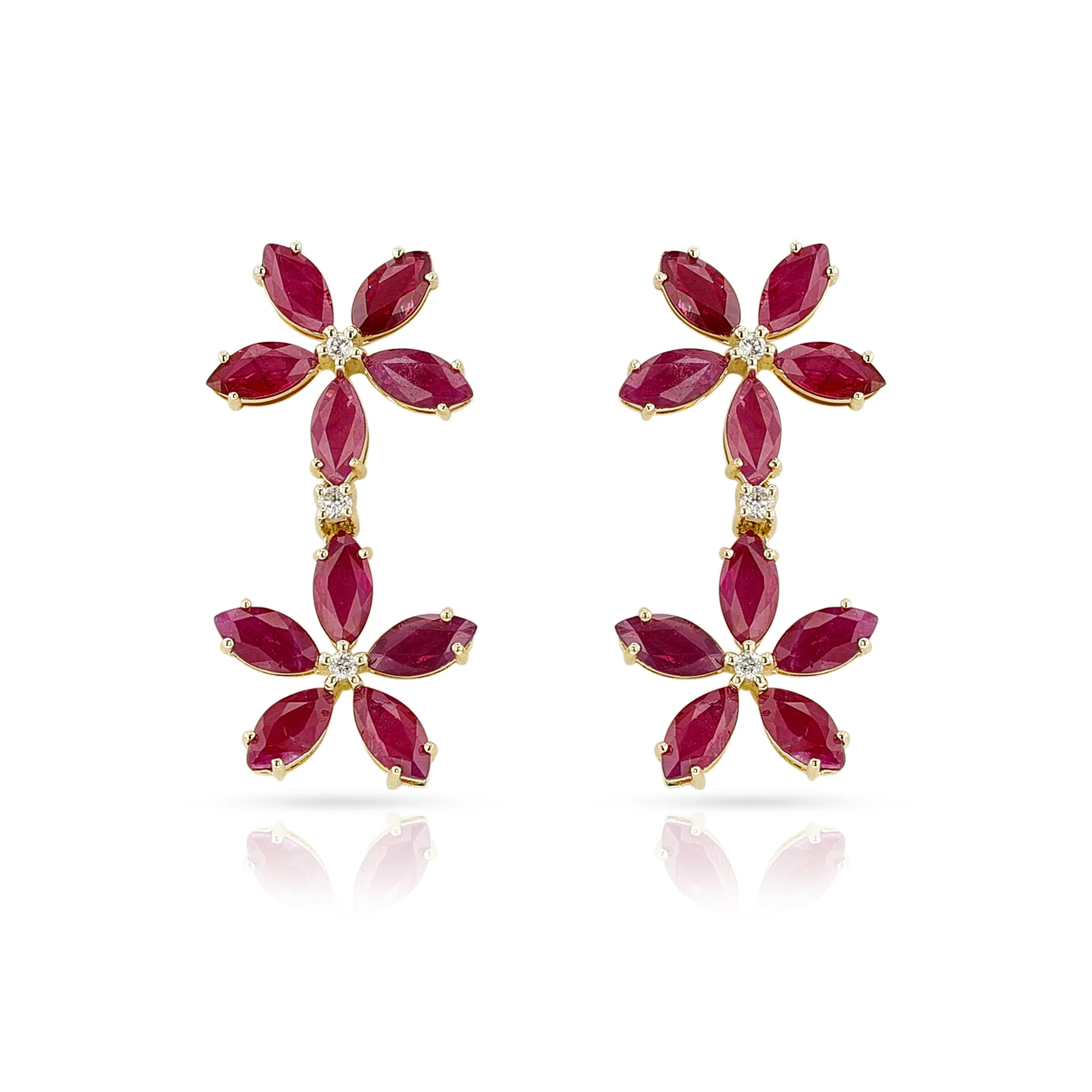 Double Floral Marquise Ruby and Diamond Dangling Earrings, 14K