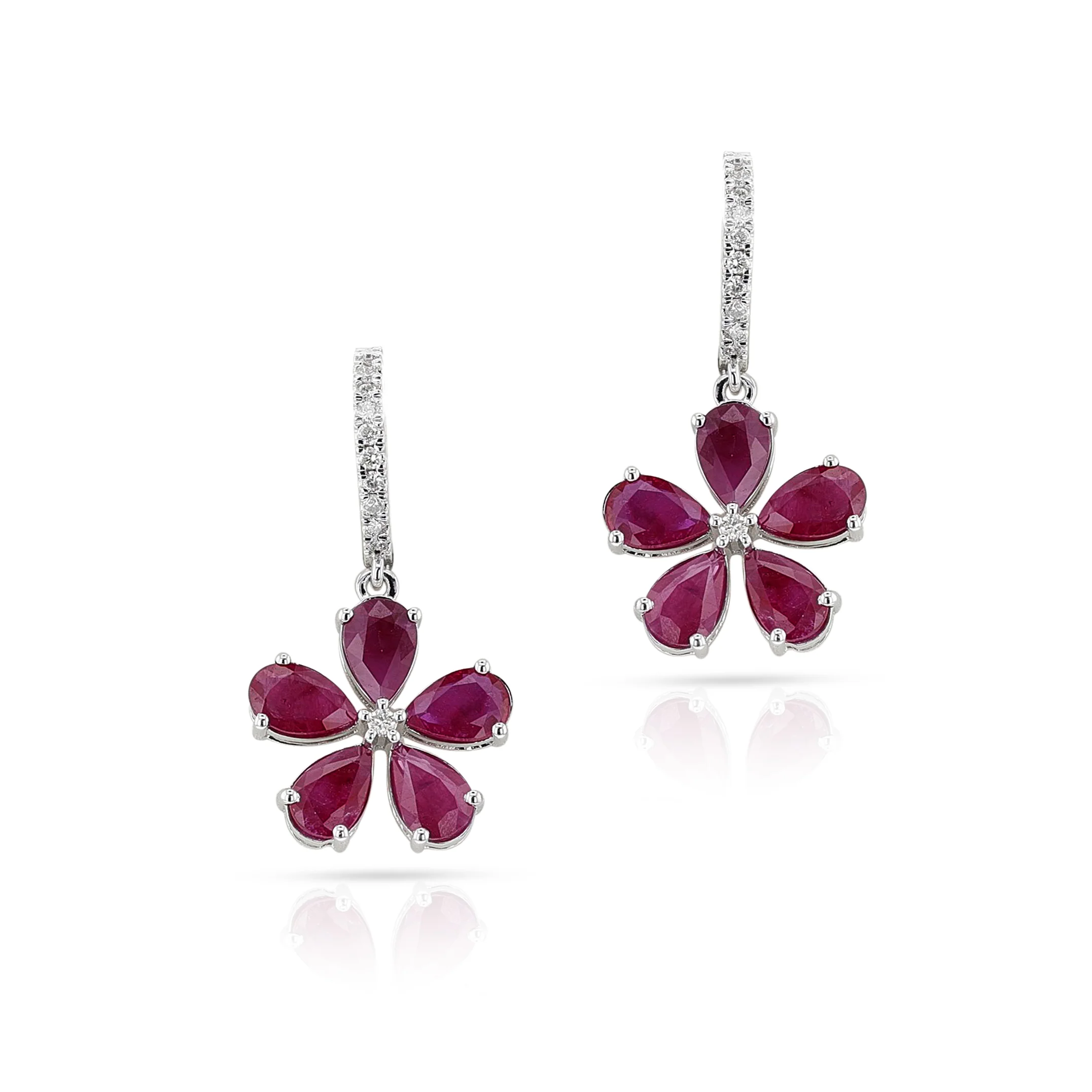 Floral Pear Ruby and Diamond Dangling Hoop Earrings, 14k White Gold
