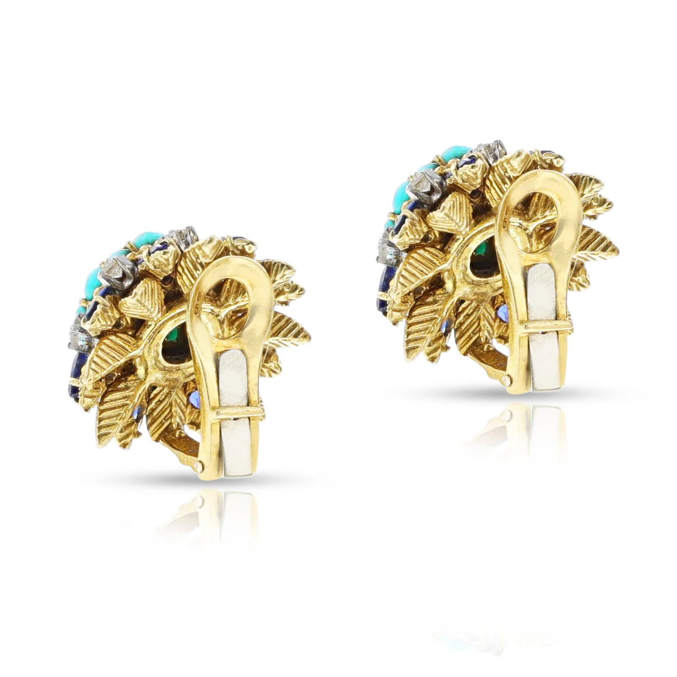 Turquoise Cabochon and Sapphire and Diamond Cluster Earrings, 18k