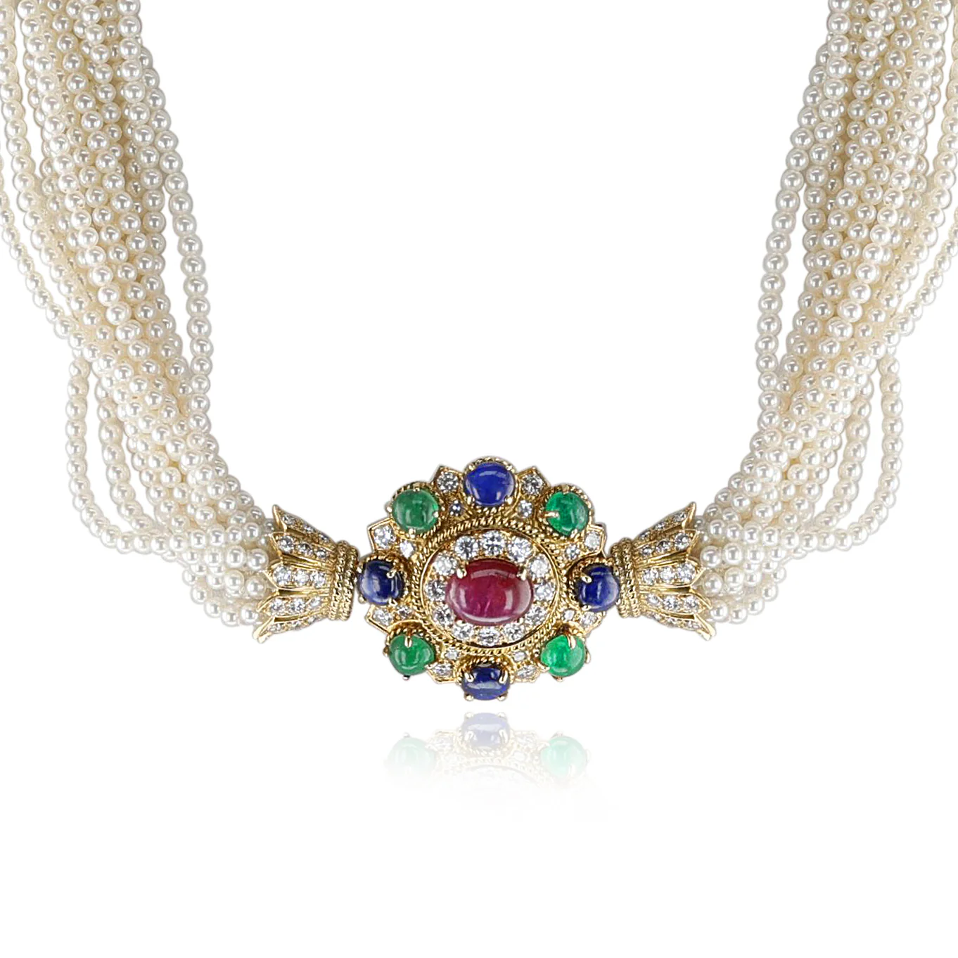 1970s Vourakis Cultured Pearl, Ruby, Emerald, Sapphire and Diamond Set of Necklace, Bracelet and Ring