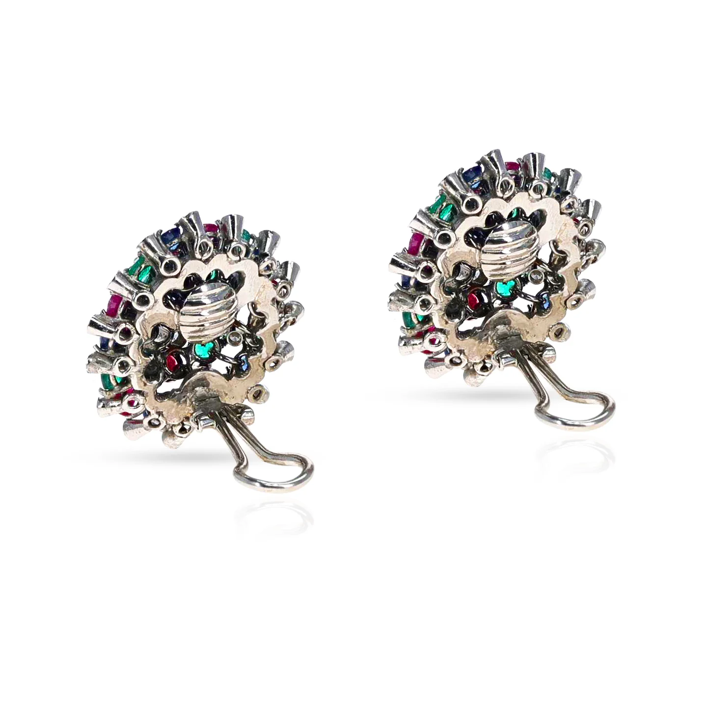 Round Ruby, Emerald, Sapphire and Diamond Dome Earrings, 18k