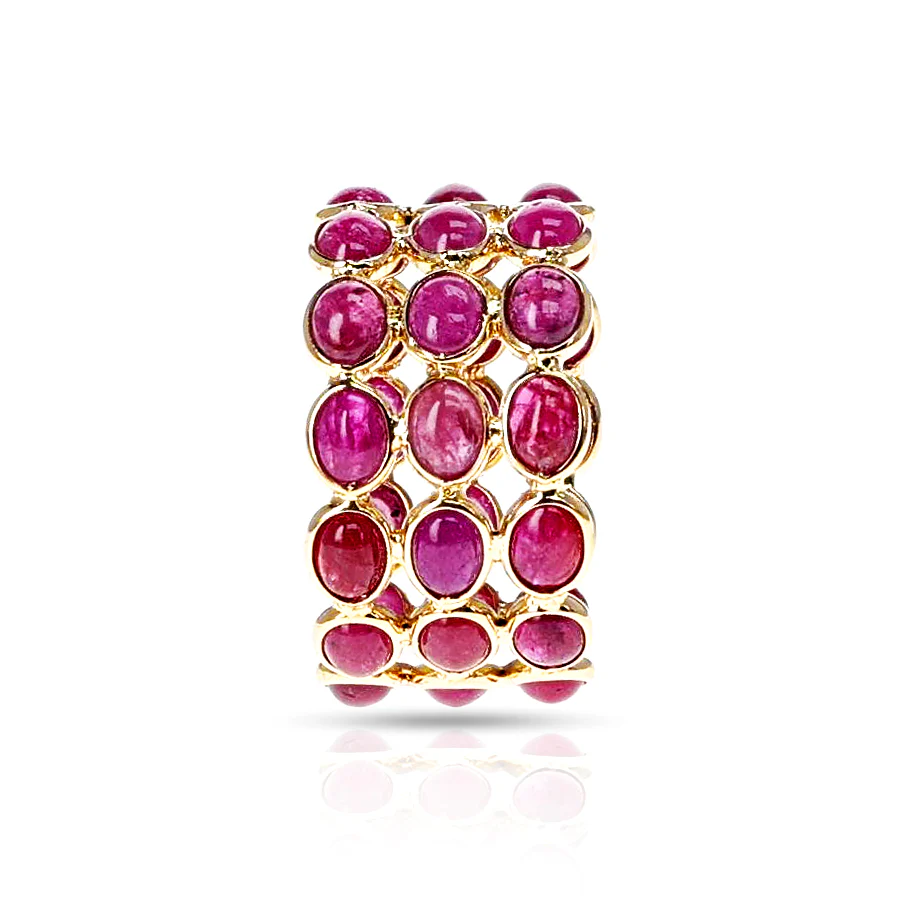 Oval Ruby Cabochon Triple Band, 18K Yellow Gold