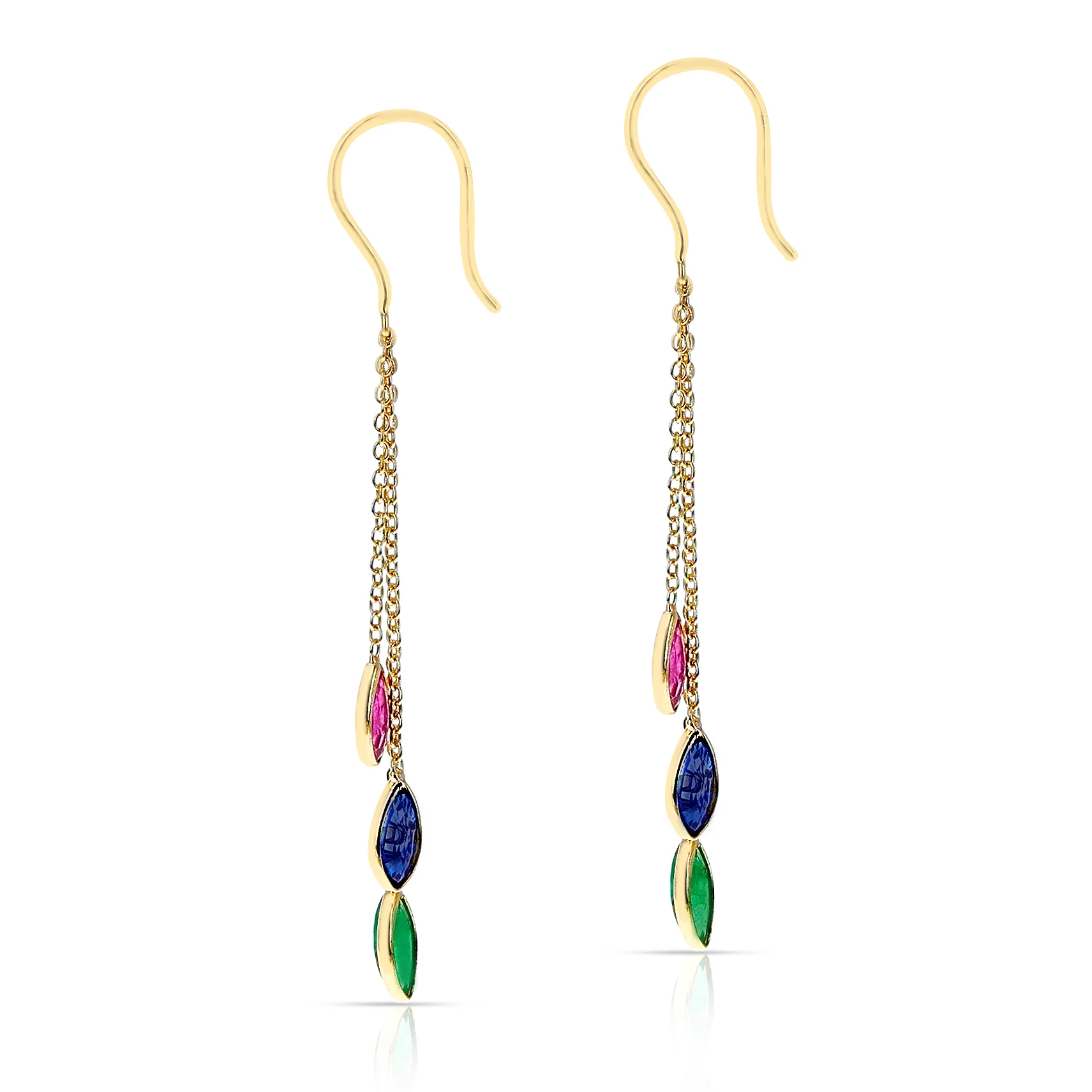 Ruby, Sapphire, Emerald  Pear Shape Dangling Earrings made in 18 Karat Yellow Gold.