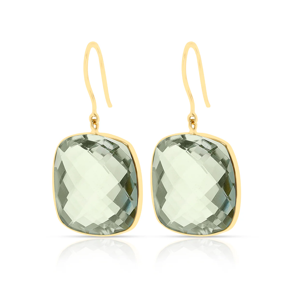 Green Amethyst Square Shape Dangling Earrings made in 18 Karat Yellow Gold.