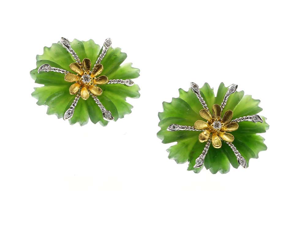 Carved Floral Jade Earrings with Diamonds