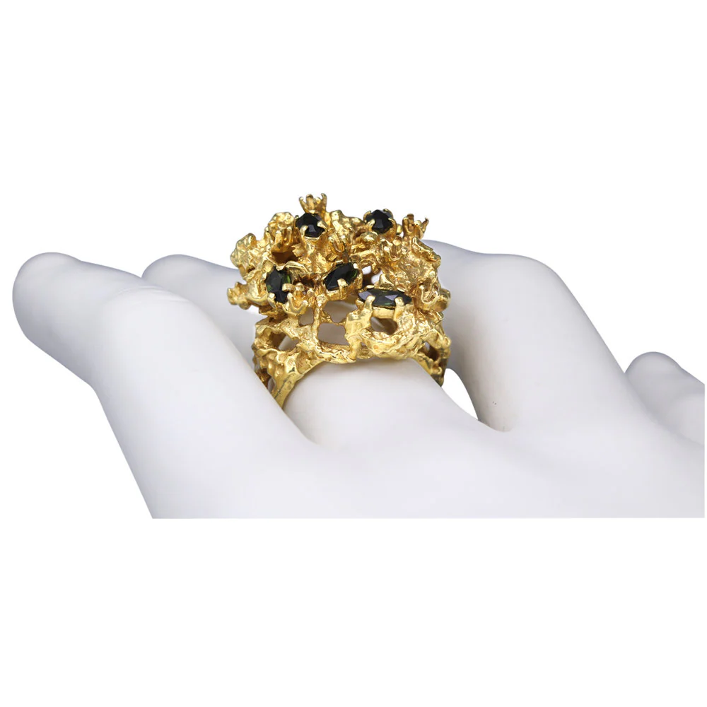 Scattered Marquise-Cut Green Tourmaline and 18K Yellow Gold Cluster Ring