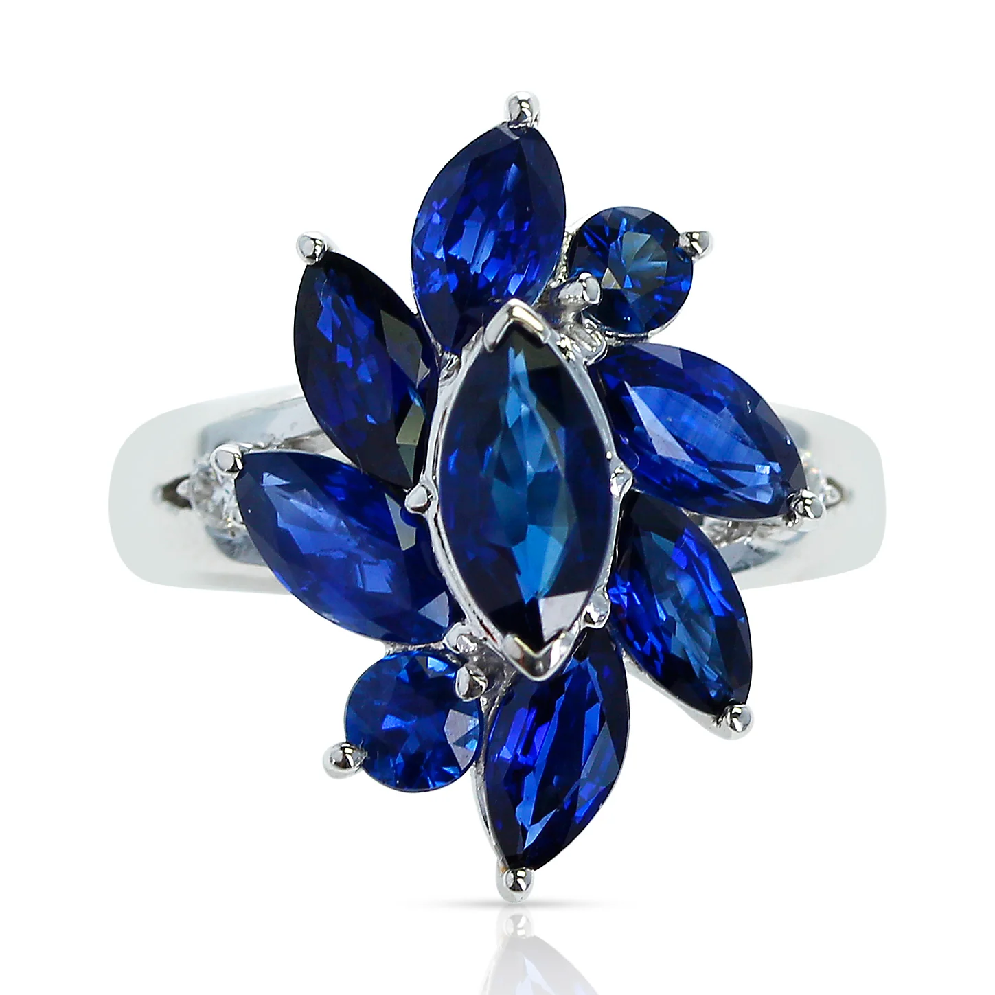Marquise Flower Shape 3.88 carat Blue Sapphire and 0.06 Diamond Ring, Platinum