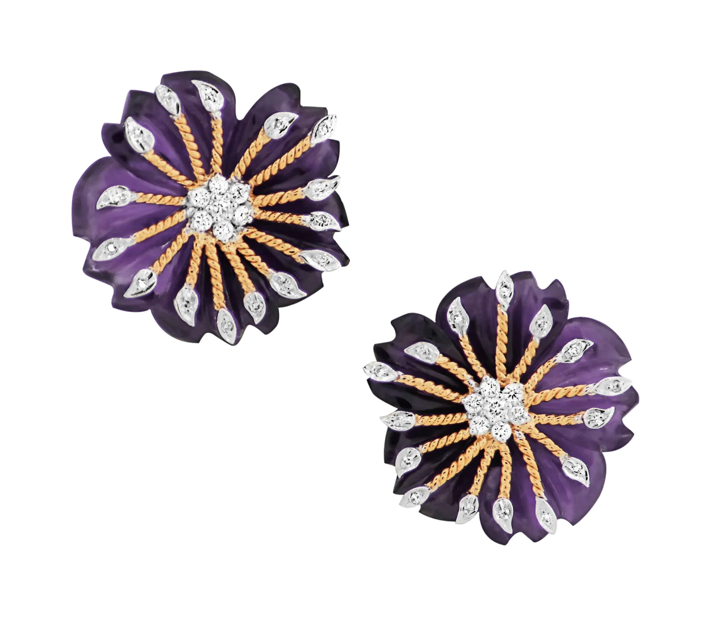 Carved Round Floral Amethyst Earrings with Diamonds