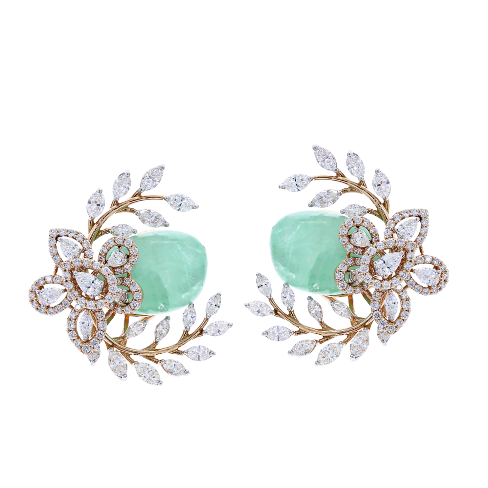 Emerald and Diamond Floral and Leaf Earrings, 18K Gold