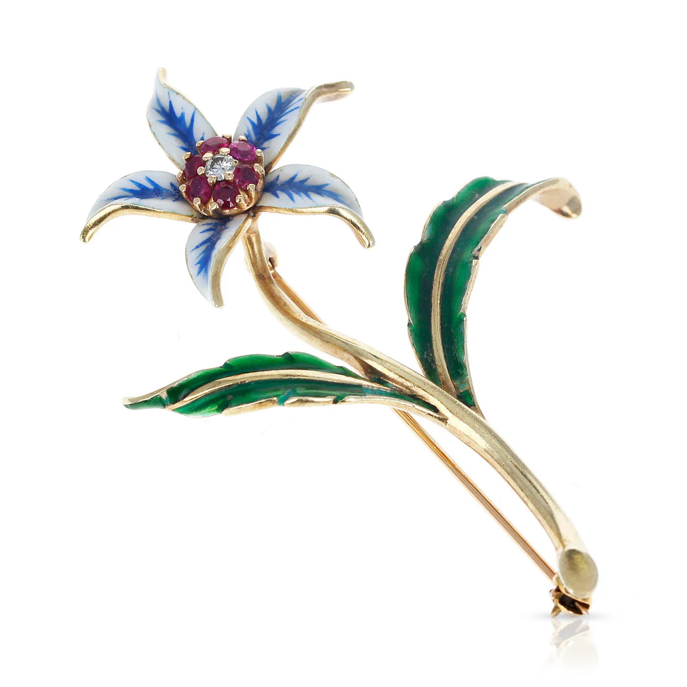Cartier Floral Pin/Brooch Rubies, Diamonds and Enamel, 18 Karat Yellow Gold