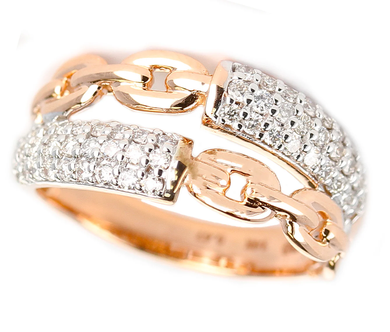Double Row Rose Gold Rope Ring with Diamonds, 14K Gold