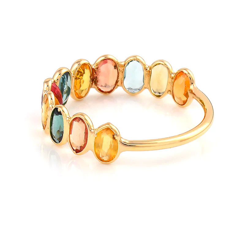 Seven Blue Sapphire Oval Shape Ring Band, 18k Yellow Gold