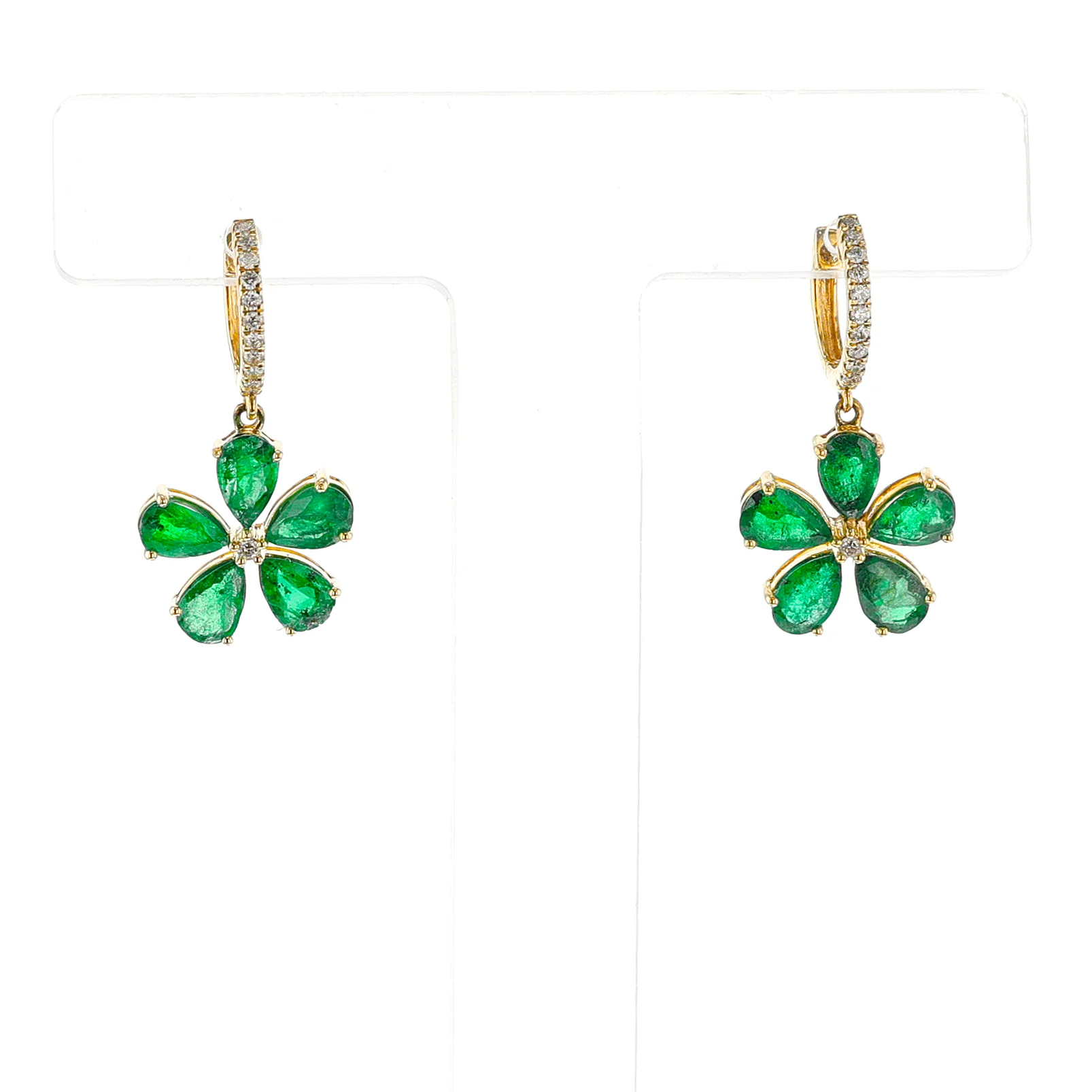 Floral Emerald and Diamond Dangling Earrings