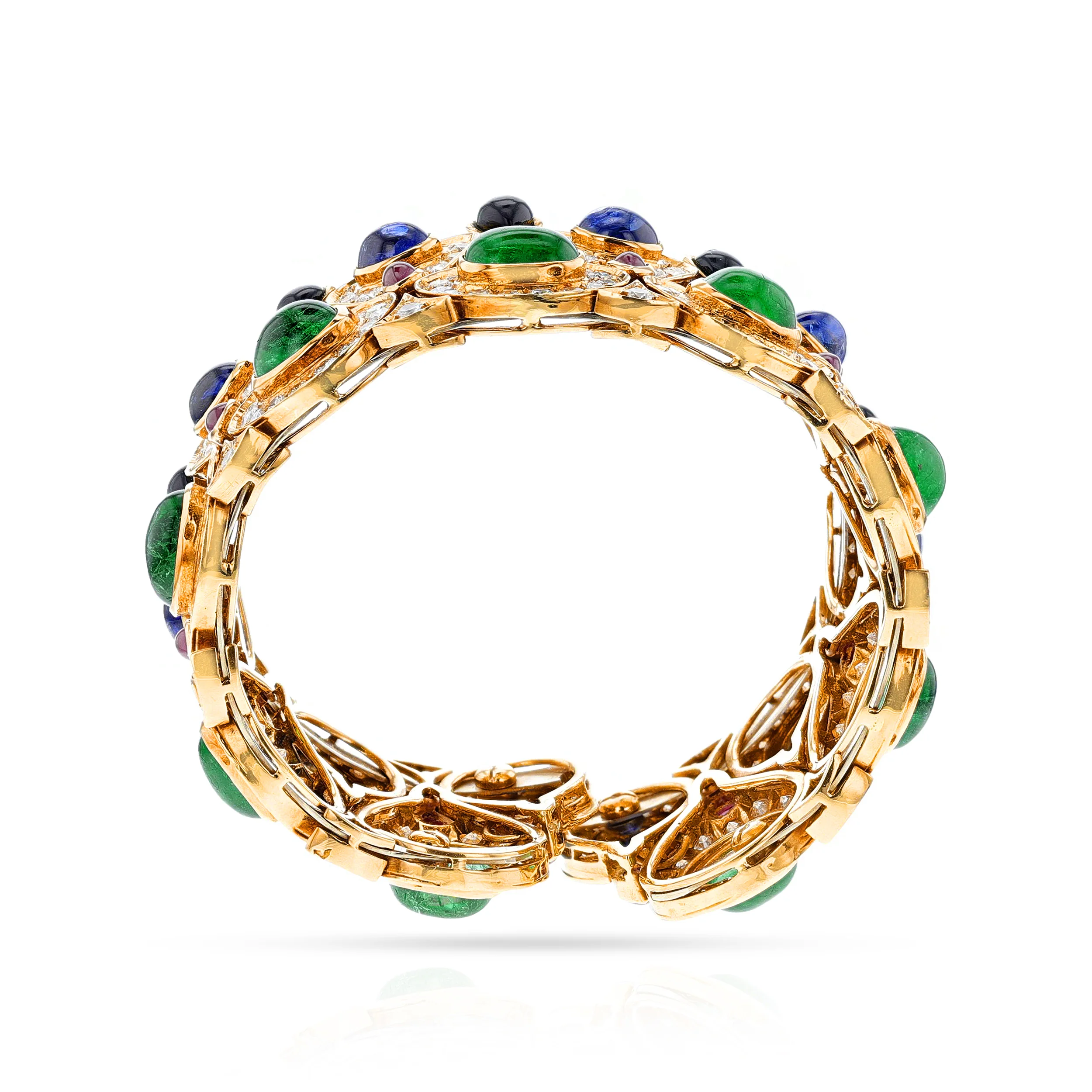 Multi-Gemstone Adjustable Bangle with Emeralds, Diamonds, Rubies, Sapphires and Onyx, 18k