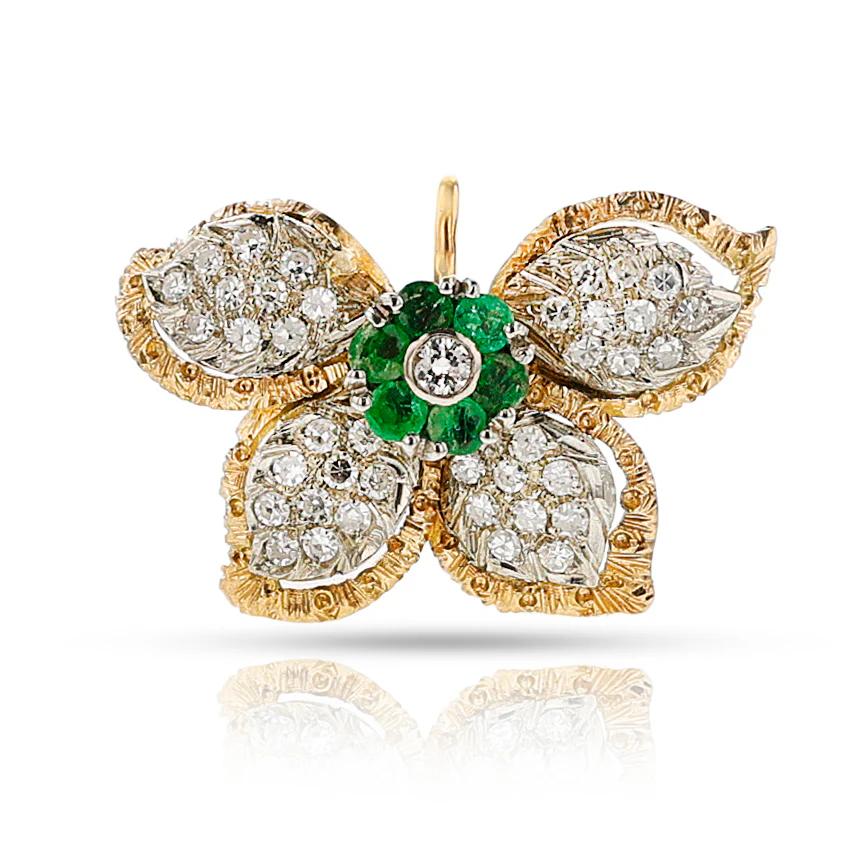 Floral Diamond and Emerald Earring, Ring, Pendant Set, 18k