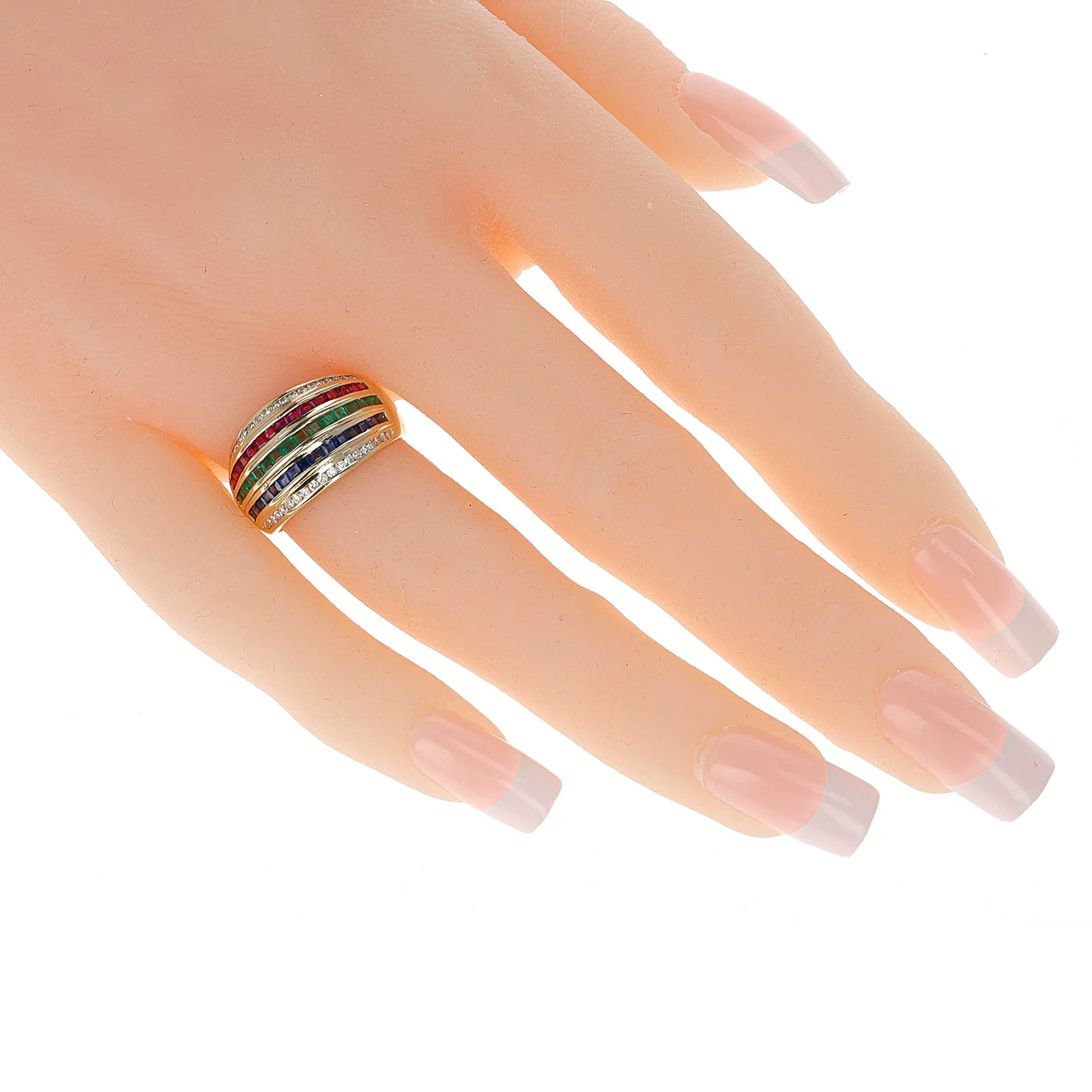 Diamond, Blue Sapphire, Emerald, Ruby Five Row Invisibly Set Cocktail Ring, 18K