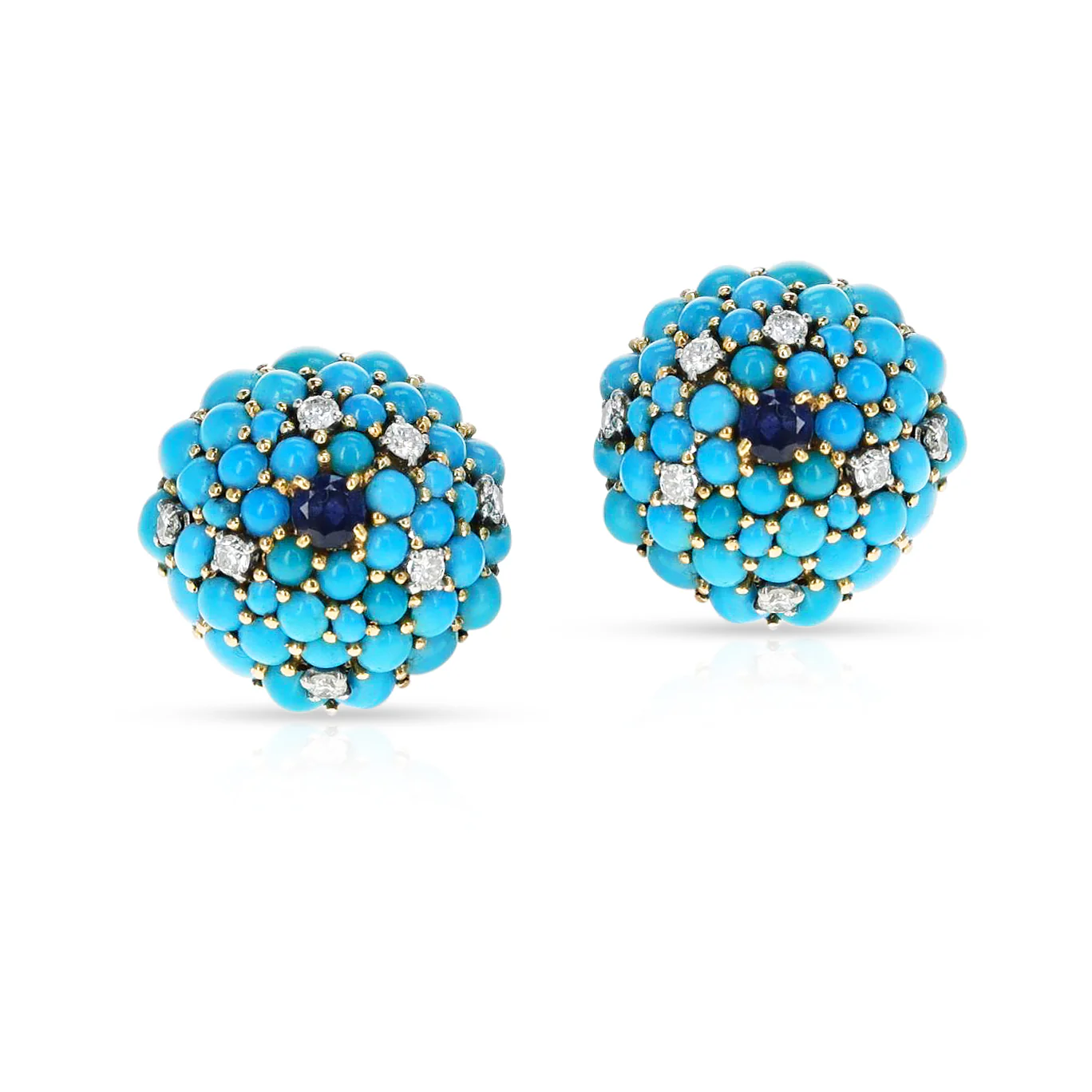 Round Turquoise, Sapphire and Diamond Earrings, 18k Yellow