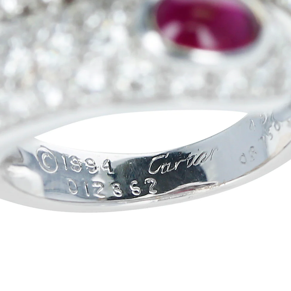Cartier Double Ruby Cabochon and Diamond Ring with Paperwork, 18K White
