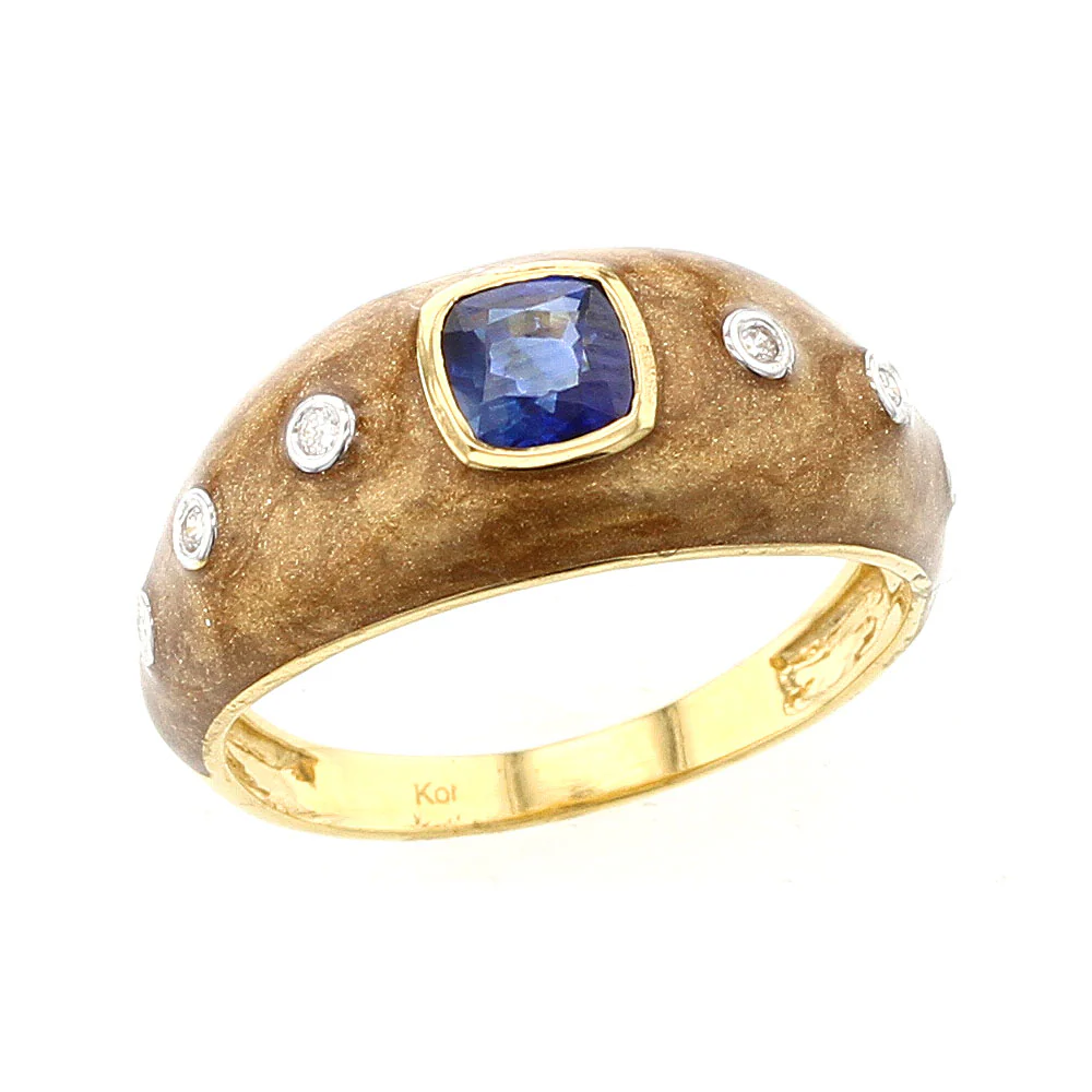 Brown Enamel Ring with Blue Sapphire and Diamonds, 18K Yellow Gold