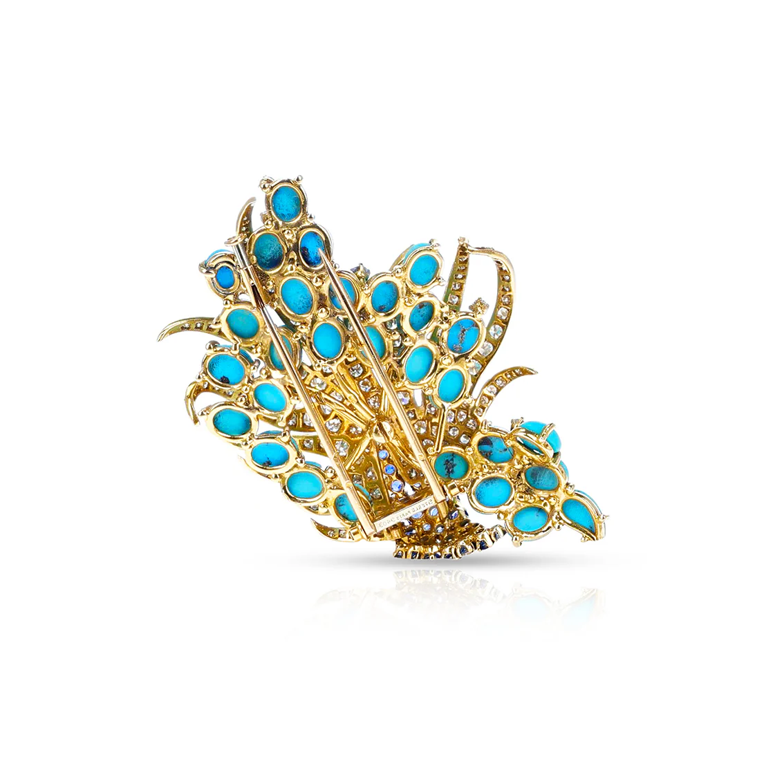 Sterlé  Pierre Turquoise, Sapphire and Diamond Earring and Brooch Set, French