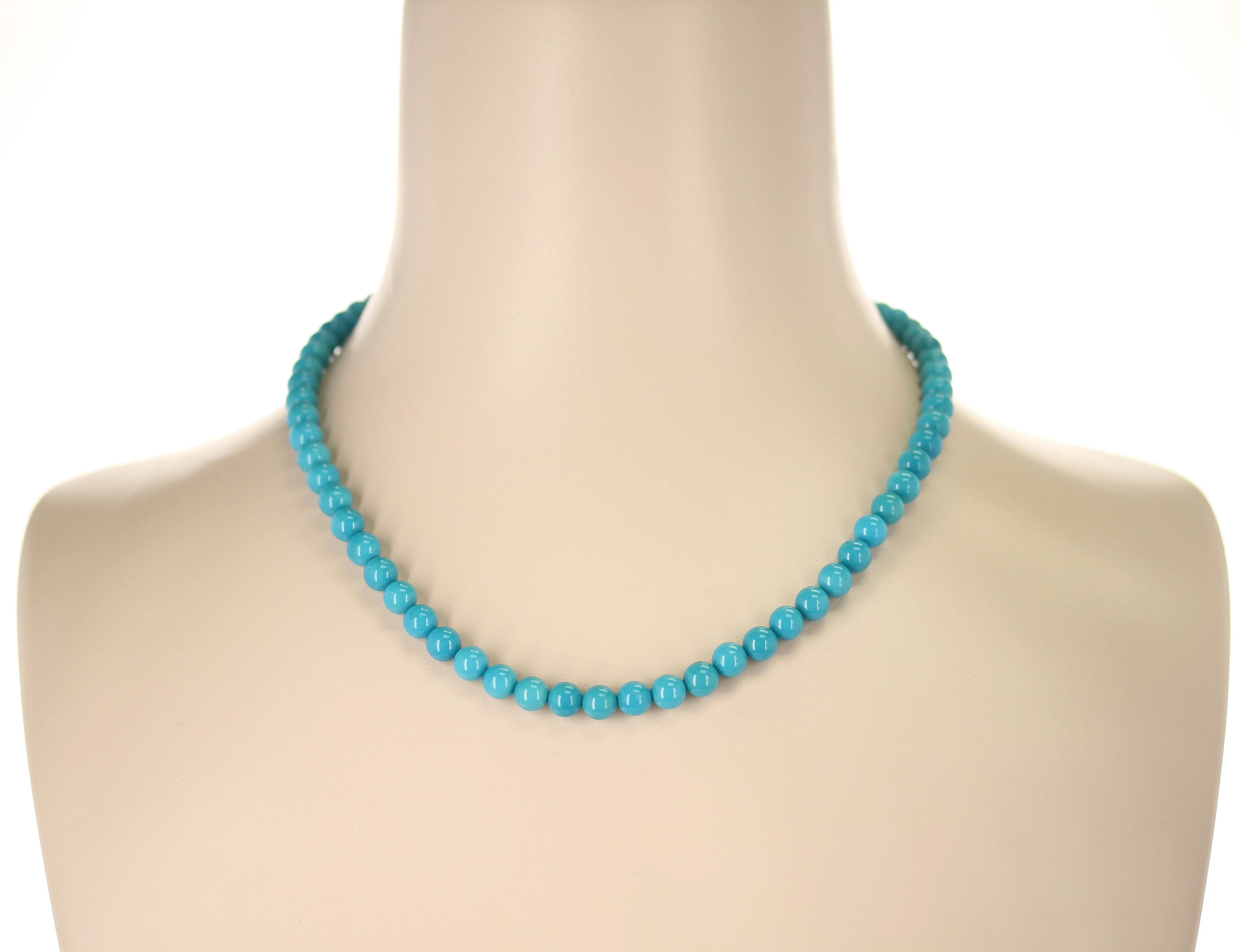 7MM Deep Blue Genuine Turquoise Beads Necklace, 14K Yellow Gold
