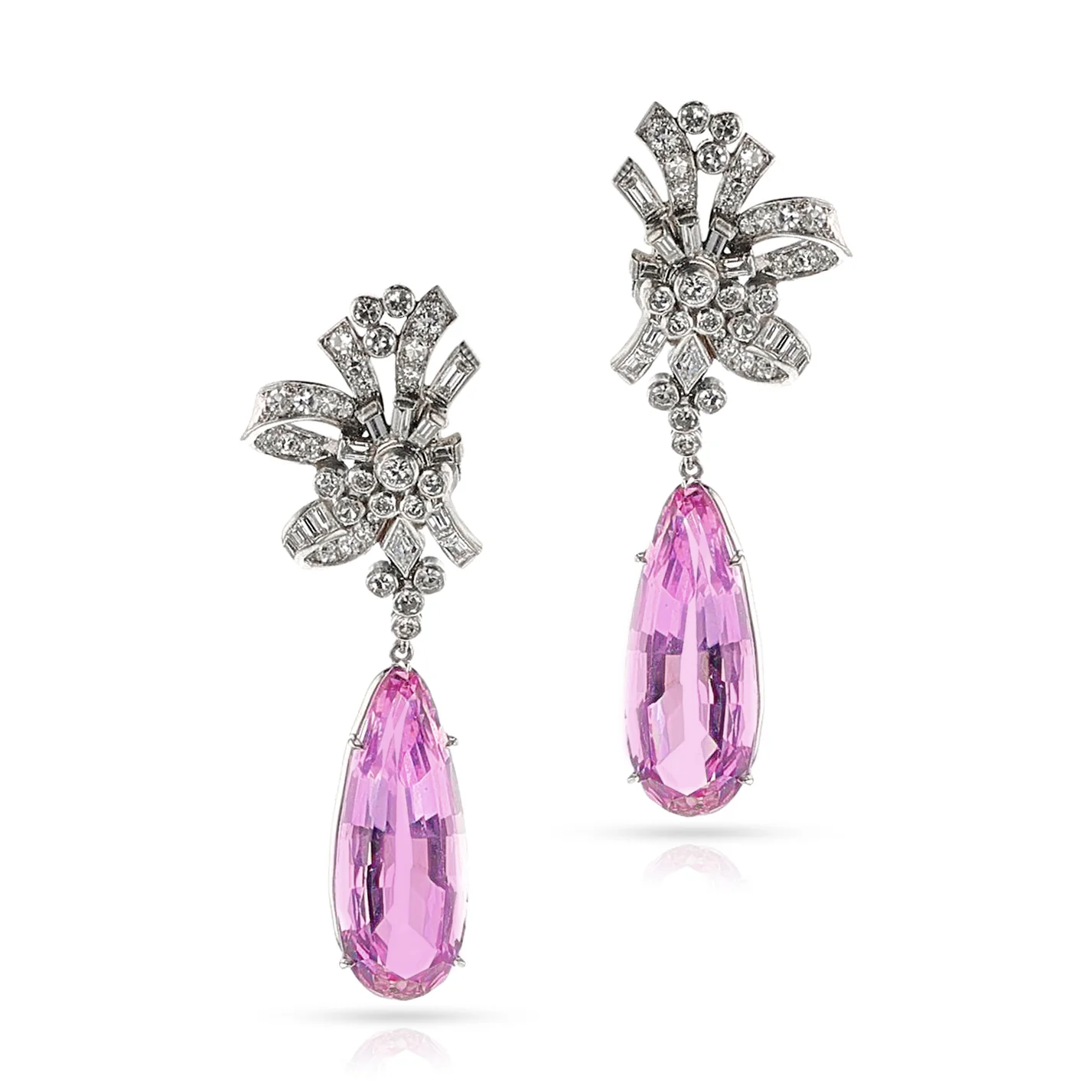 Art Deco AGL Certified Natural Pear Pink Topaz and Diamond Earrings, Platinum