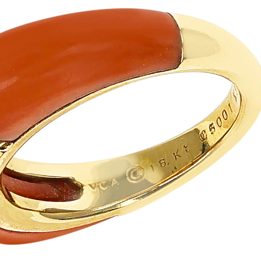 Van Cleef & Arpels Coral and 5 Row Diamond Stacking Philippine Ring, 18K Yellow