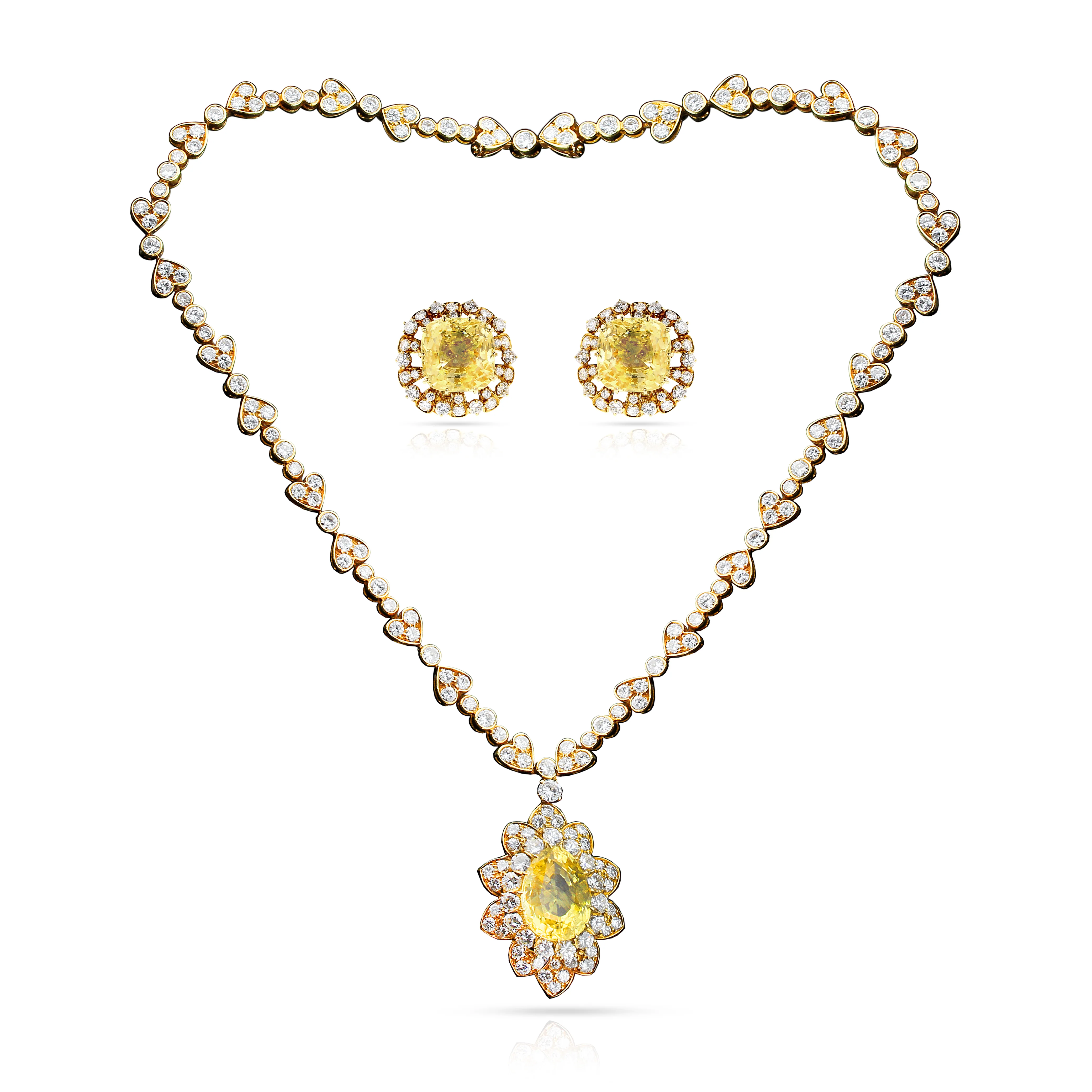 Van Cleef & Arpels 1970s No Heat Ceylon Yellow Sapphire and Diamond Necklace and Earring Set