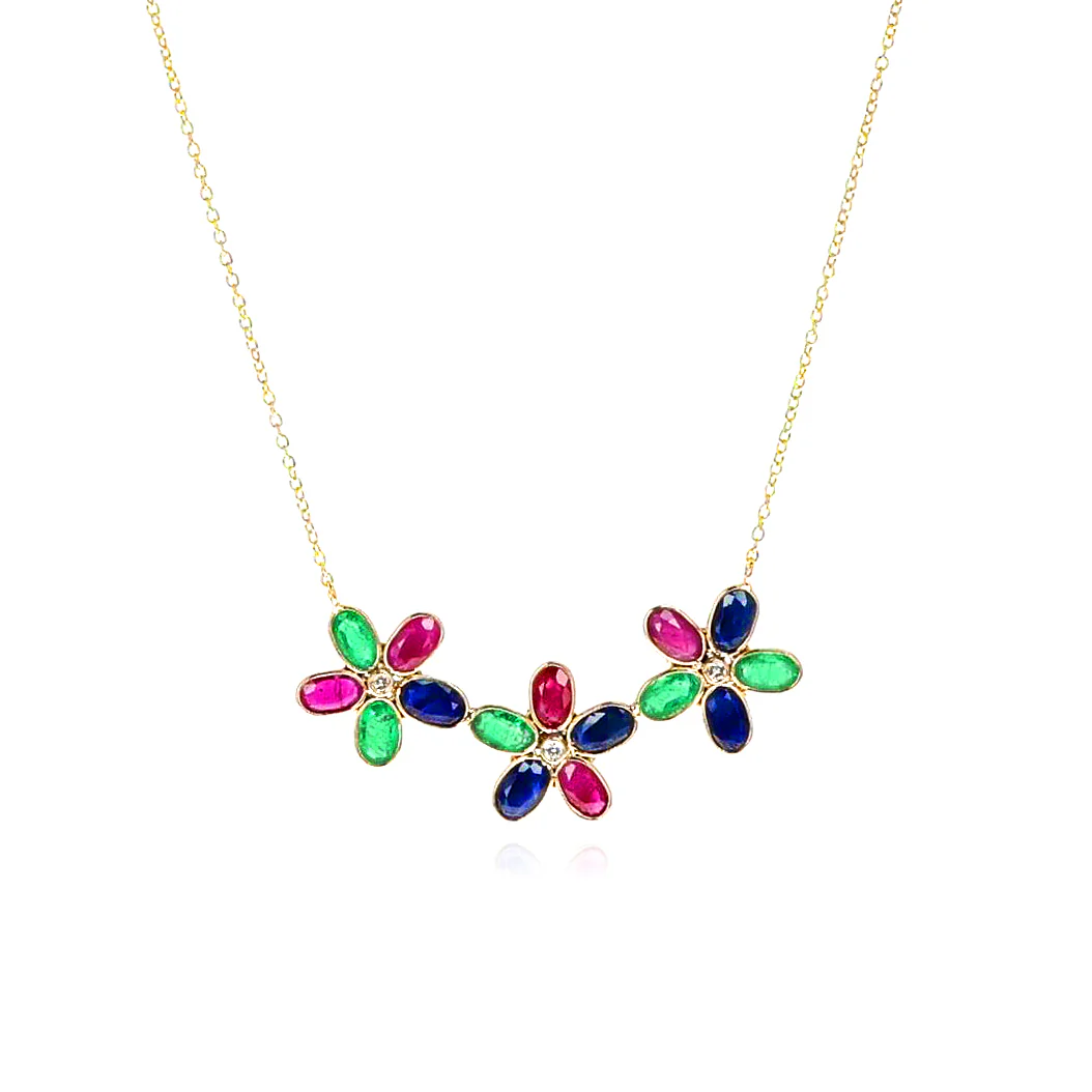 Gemstone Floral Necklace with Diamond, 18k